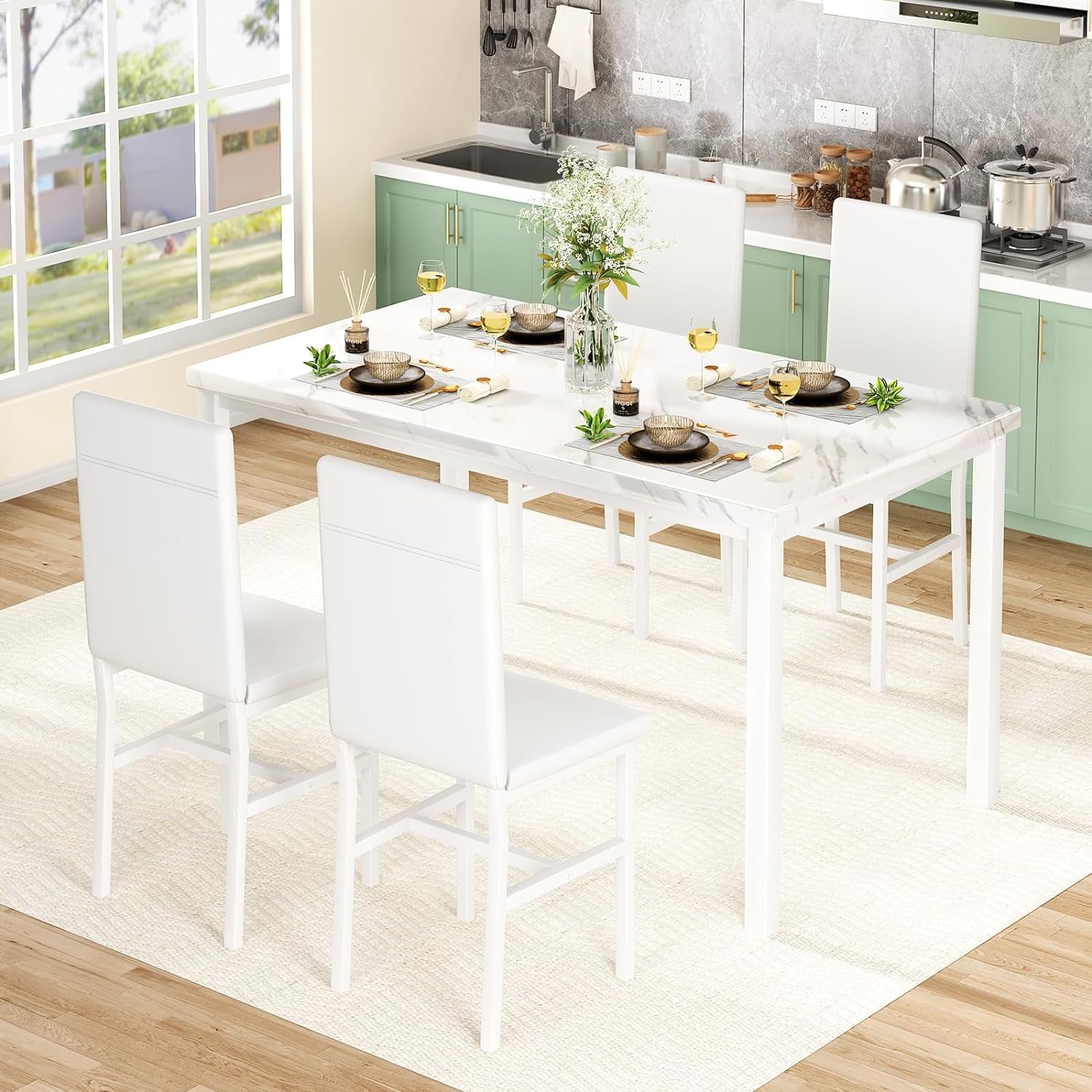 MIERES 5-Piece Dining Table Set for 4, Faux Marble Kitchen Table and 4 Chairs, Modern Dining Room Table with 4 Chairs, Dinner Table Set for Small Spaces, Brown