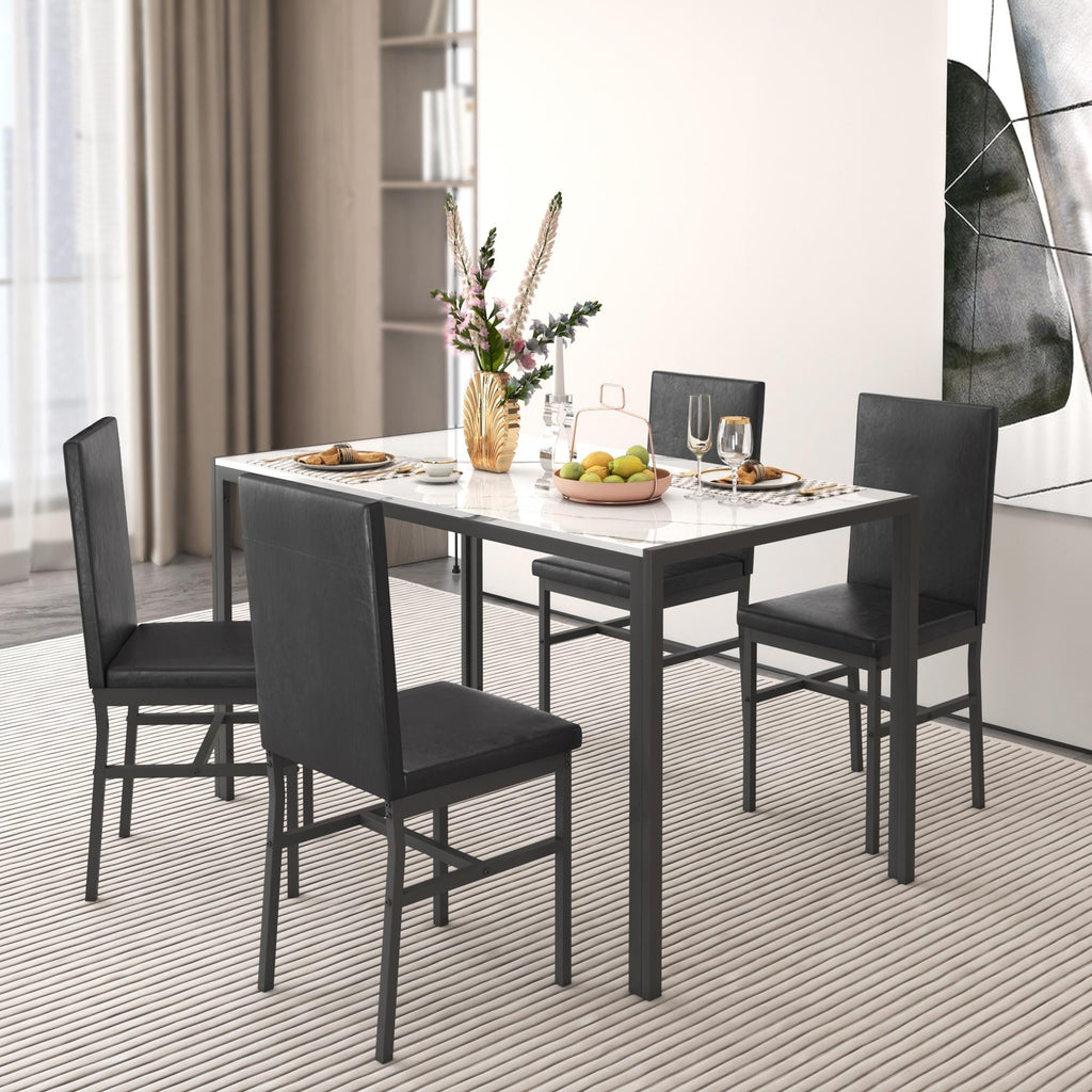 5 Piece Dining Table Set, Modern Faux Marble Tabletop and 4 PU Leather Upholstered Chairs, Rectangle Kitchen Table and Chairs for 4 Persons, Small Dining Set for Bar Dining Room Breakfast Nook