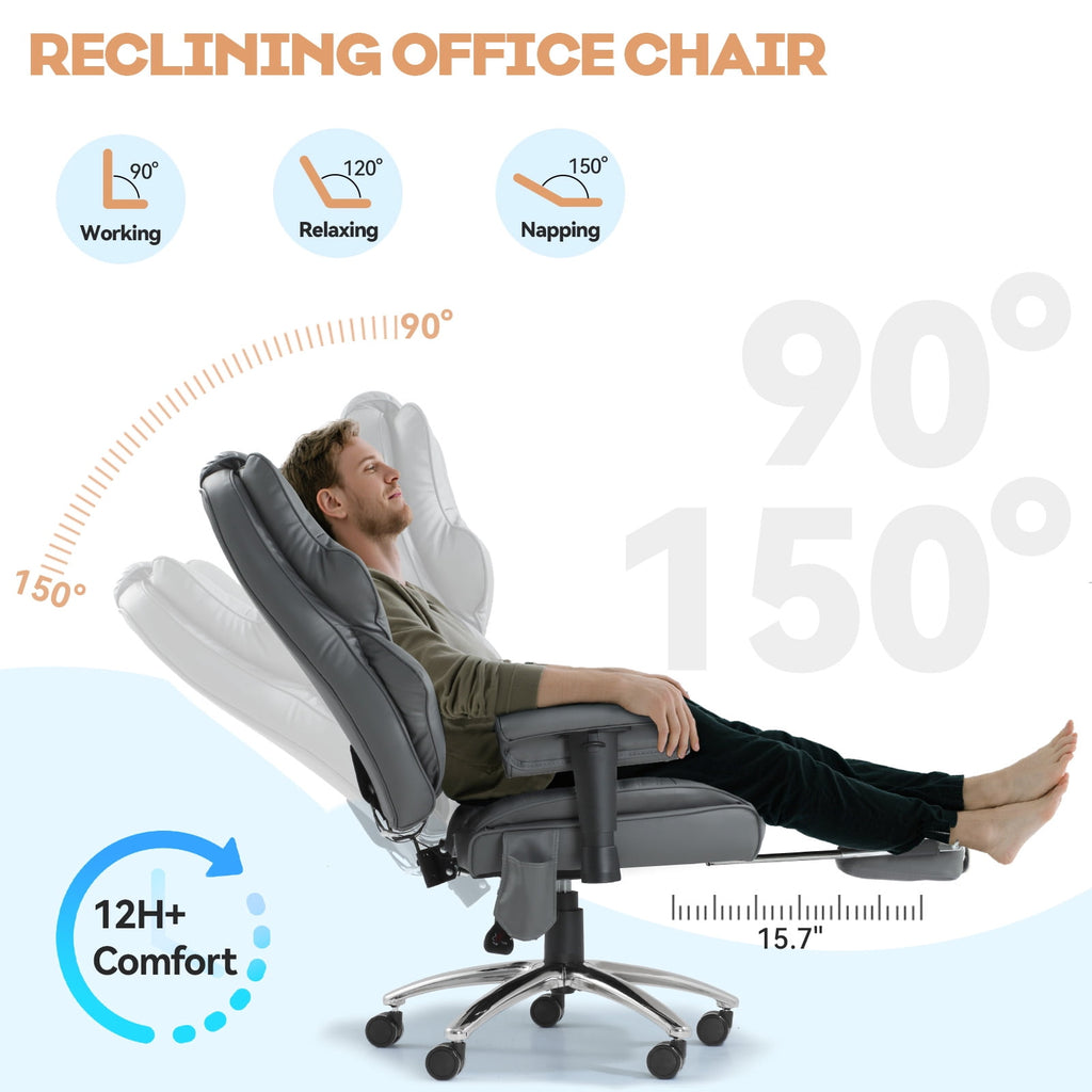 Massage & Heated Office Chair with Foot Rest, Ergonomic Executive Office Chair with Reclining Backrest, Adjustable Arms and Lumbar Support, High Back Leather Desk Chairs for Home Office, Beige
