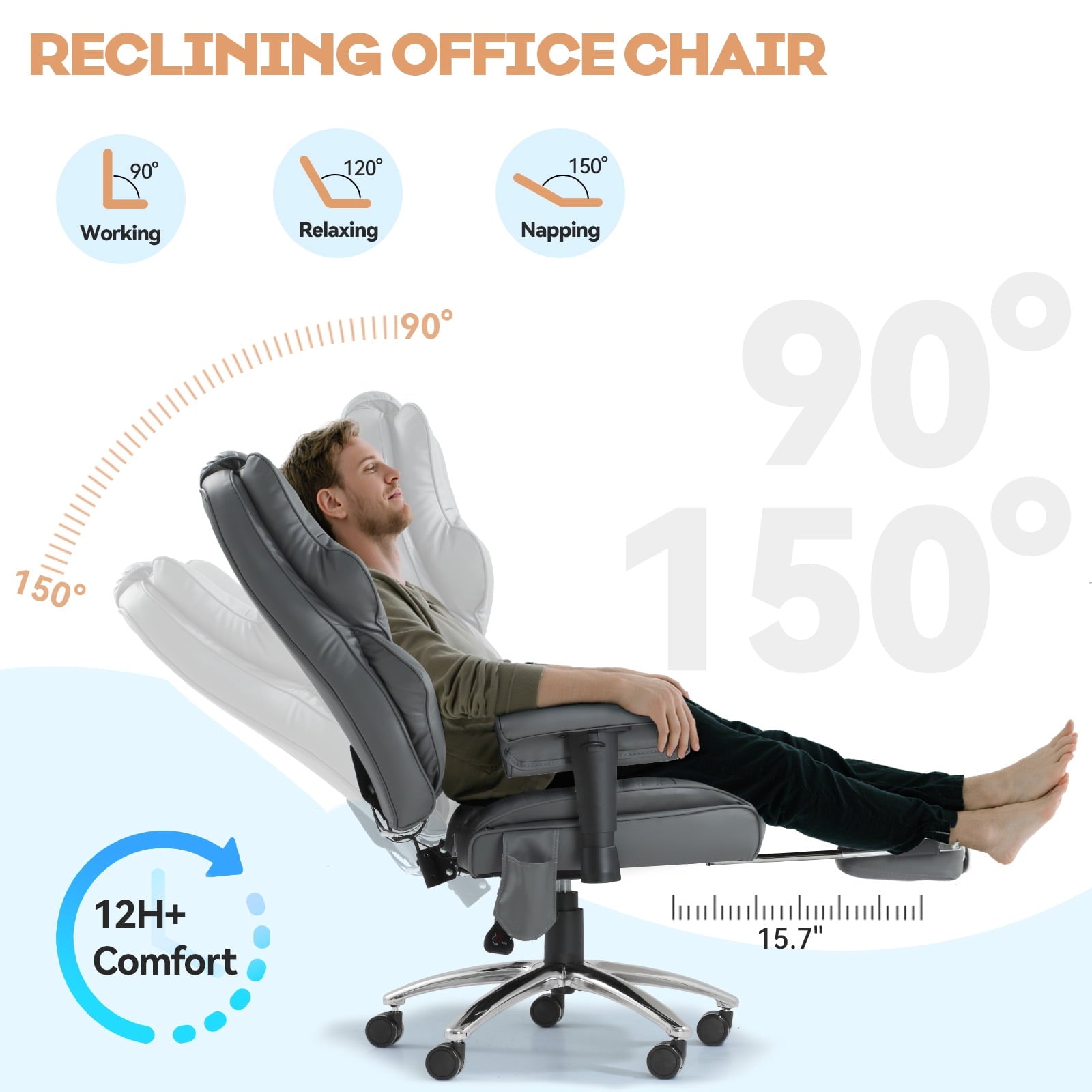 Massage & Heated Office Chair with Foot Rest, Ergonomic Executive Office Chair with Reclining Backrest, Adjustable Arms and Lumbar Support, High Back Leather Desk Chairs for Home Office, Beige