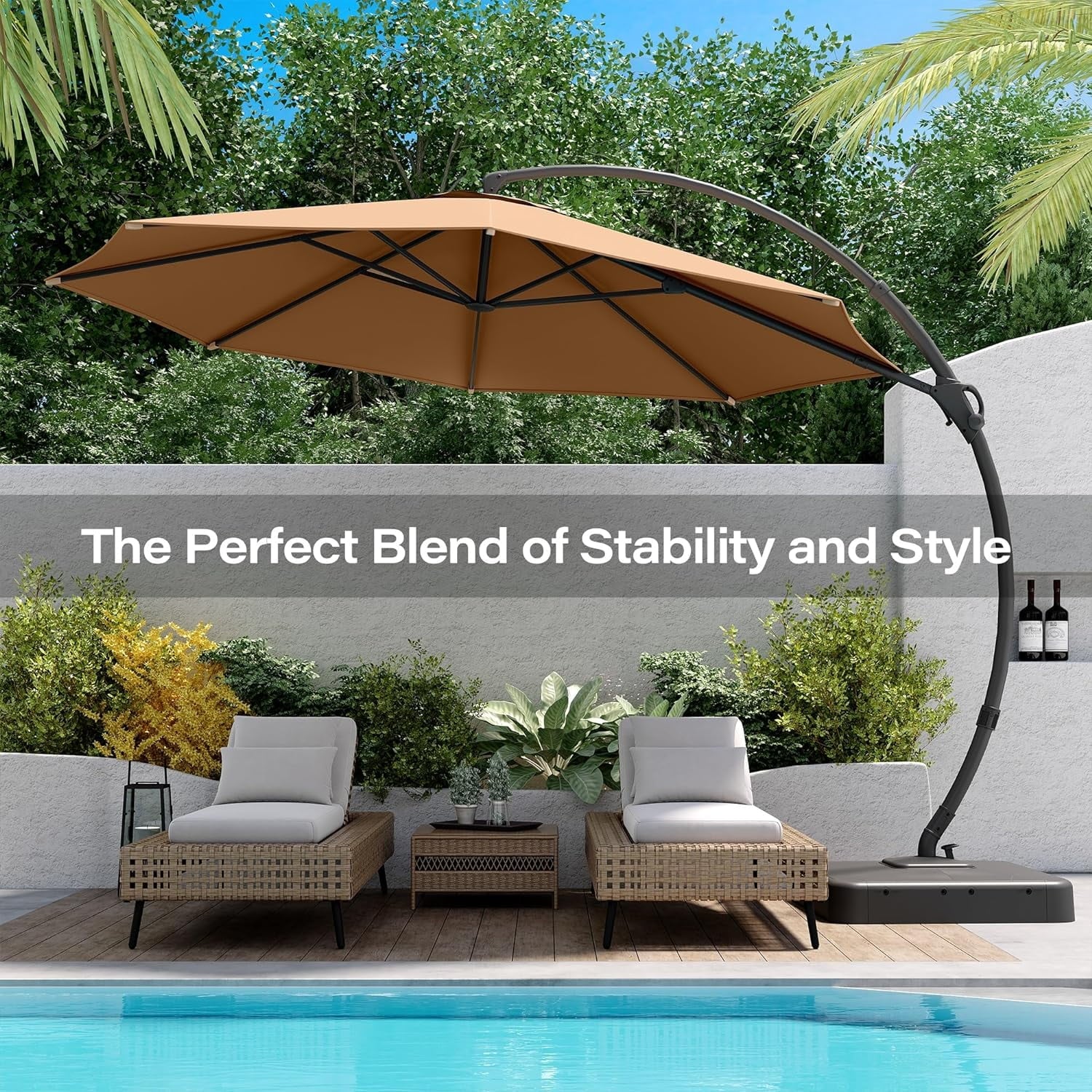 LAUSAINT HOME 11 FT Outdoor Patio Umbrella with Base, Aluminum Cantilever Umbrella with Crank, Champagne