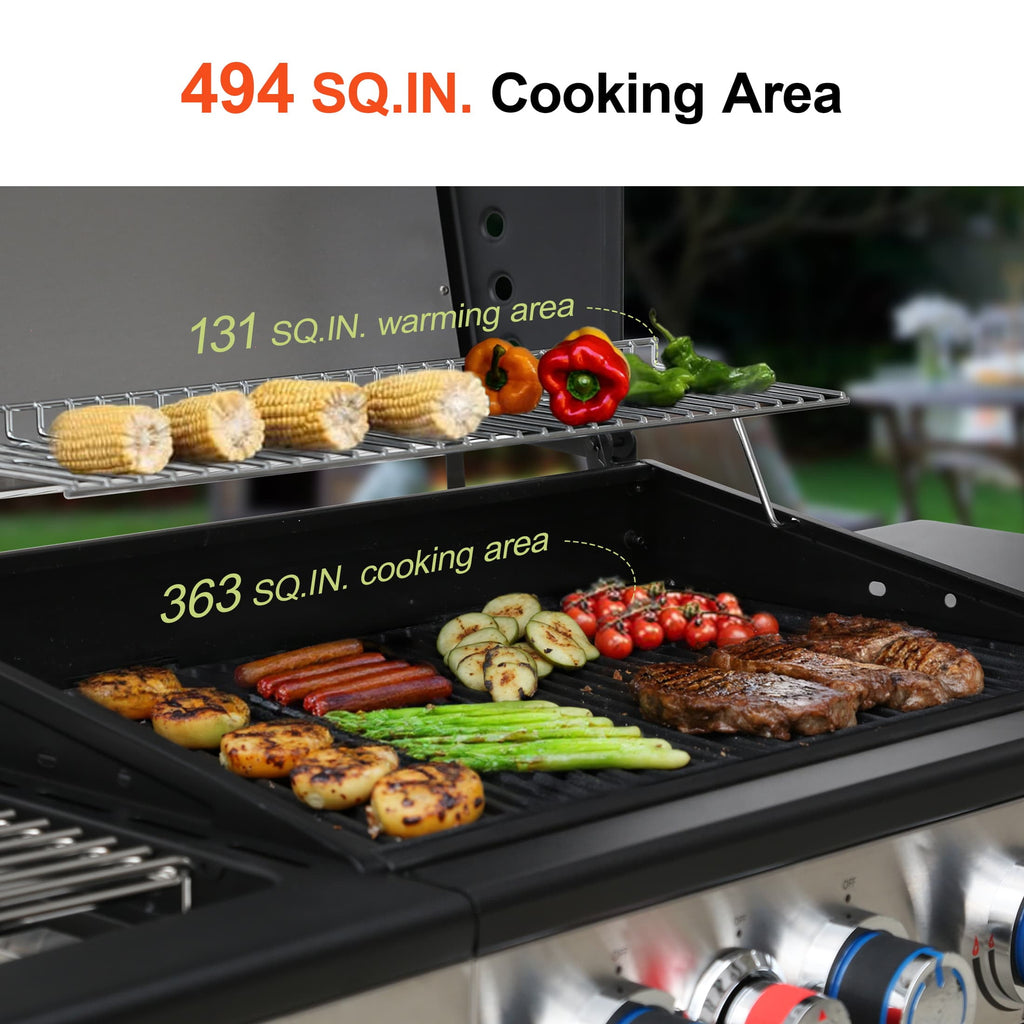 Brand-Man Grills 4-Burner Propane Gas Grill with Infrared Side Burner, Porcelain-Enameled Cast Iron Grate & Griddle, Outdoor Backyard BBQ Grill