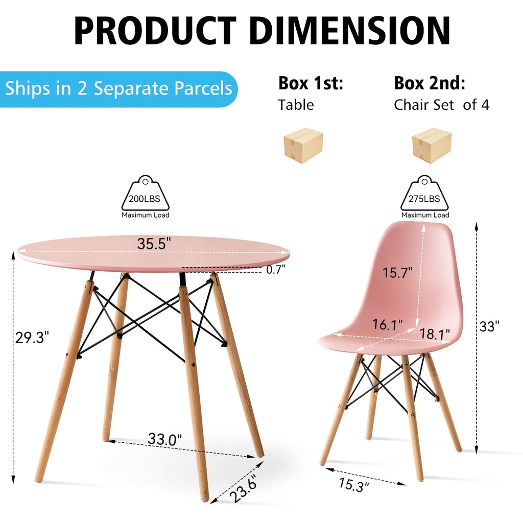 5-Piece 35.5'' Round Dining Table Set for 4, Kitchen Table Chair Set of 4, Mid-Century Modern Dinette Dining Room Table Set Dinner Table for 4 W/Solid Wood Legs, White