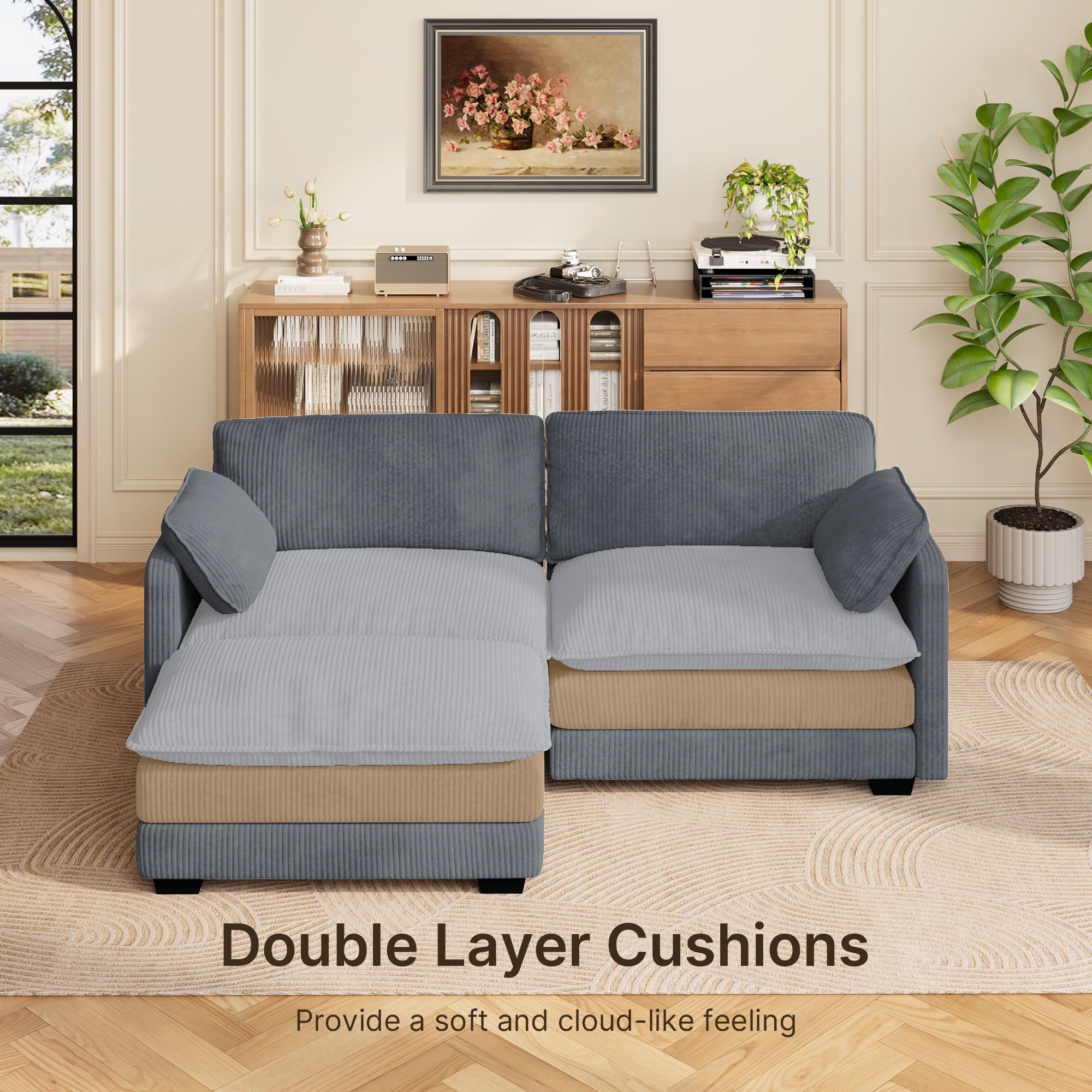 75’’ Cloud Couches for Living Room, Noelse L Shaped Modular Sofa with Deep Seats, 2 Seater Love Seat Couch with Removable Washable Corduroy Fabric for Living Room Bedroom and Apartment, Gray