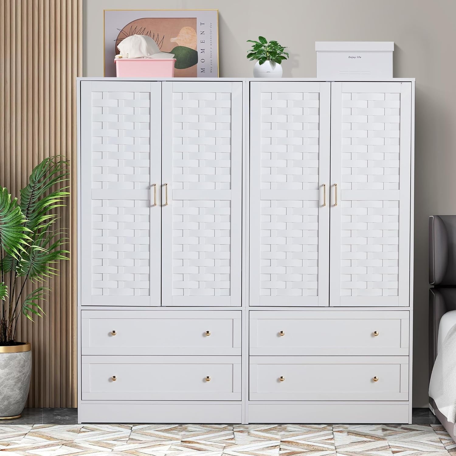 Wirrytor Freestanding Wooden Armoire Wardrobe with 2 Woven Doors and Storage Drawers, Space-Saving Closet Cabinet for Bedroom, Sturdy Mdf Board Closet with Hanging Rail