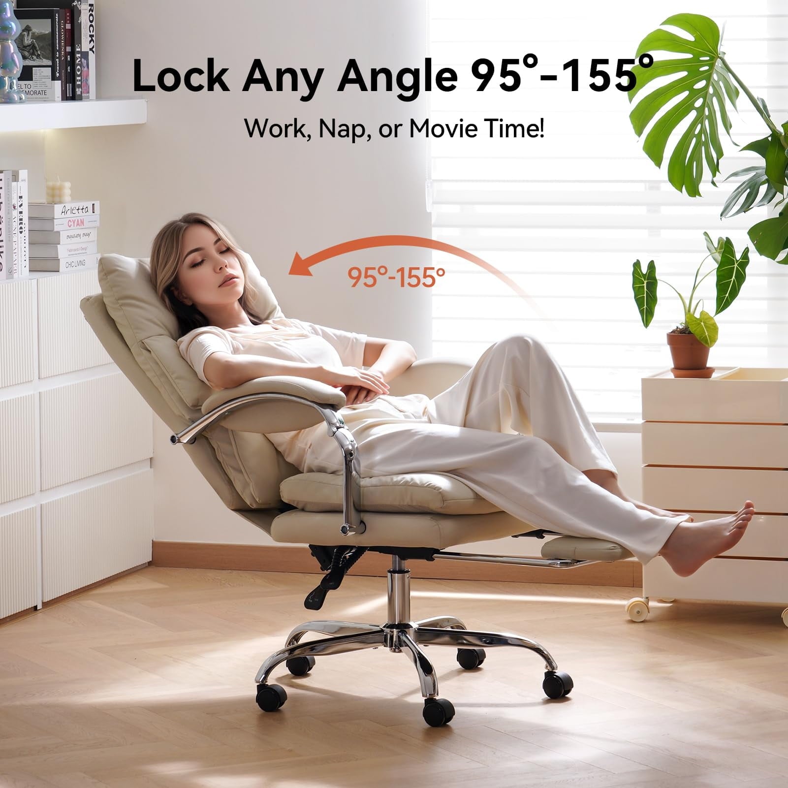 LEAGOO Reclining Office Chair with Foot Rest, Executive Office Chairs with Arms, Ergonomic High Back PU Leather Comfy Swivel Computer Desk Chairs with Wheels and Lumbar Support for Home Office, White