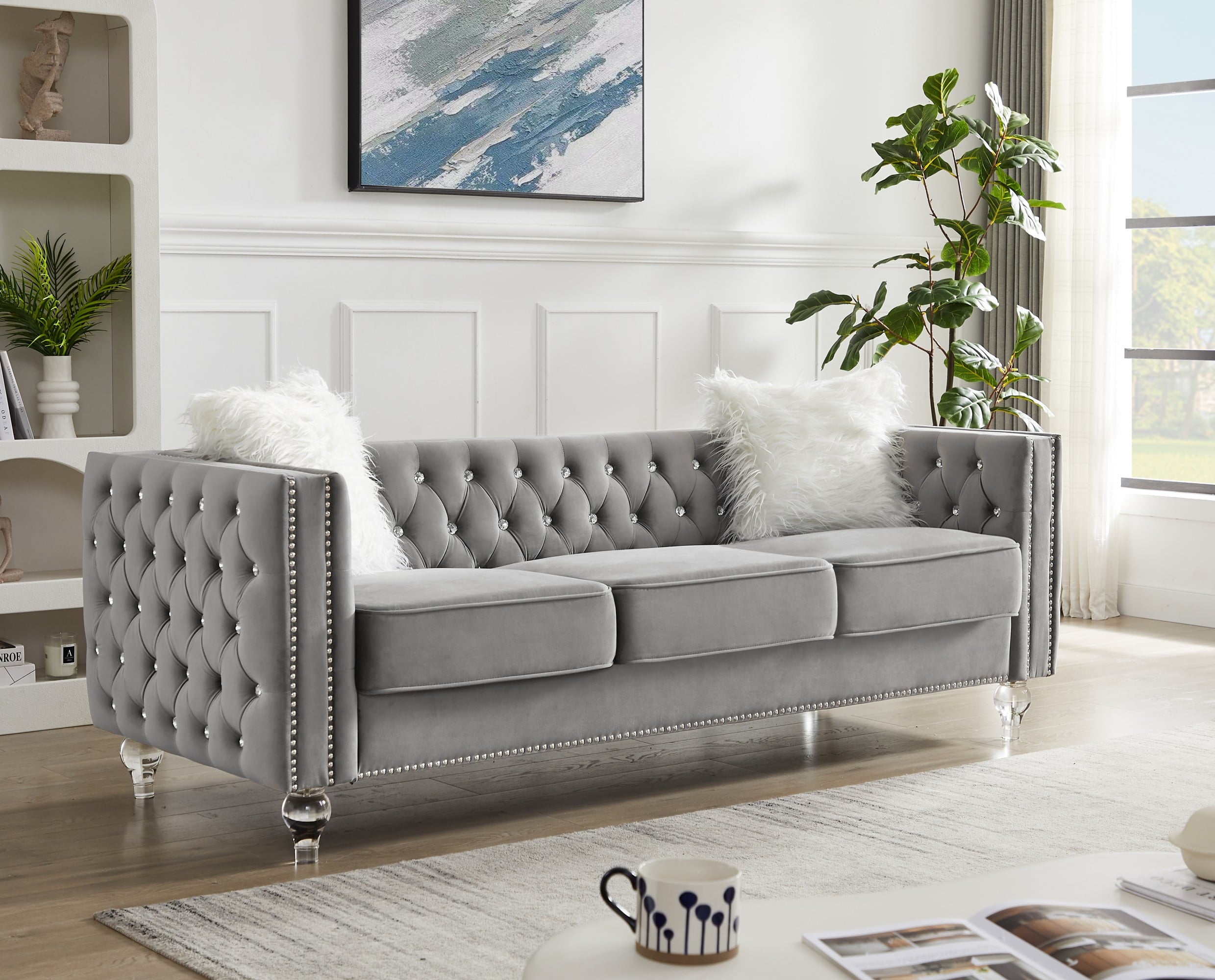 Gewnee 86.6 Modern Sofa Couch,Teddy Velvet 3 Seaters Comfy Couch with Deep Seat for Living Room,2 Pillows,Beige