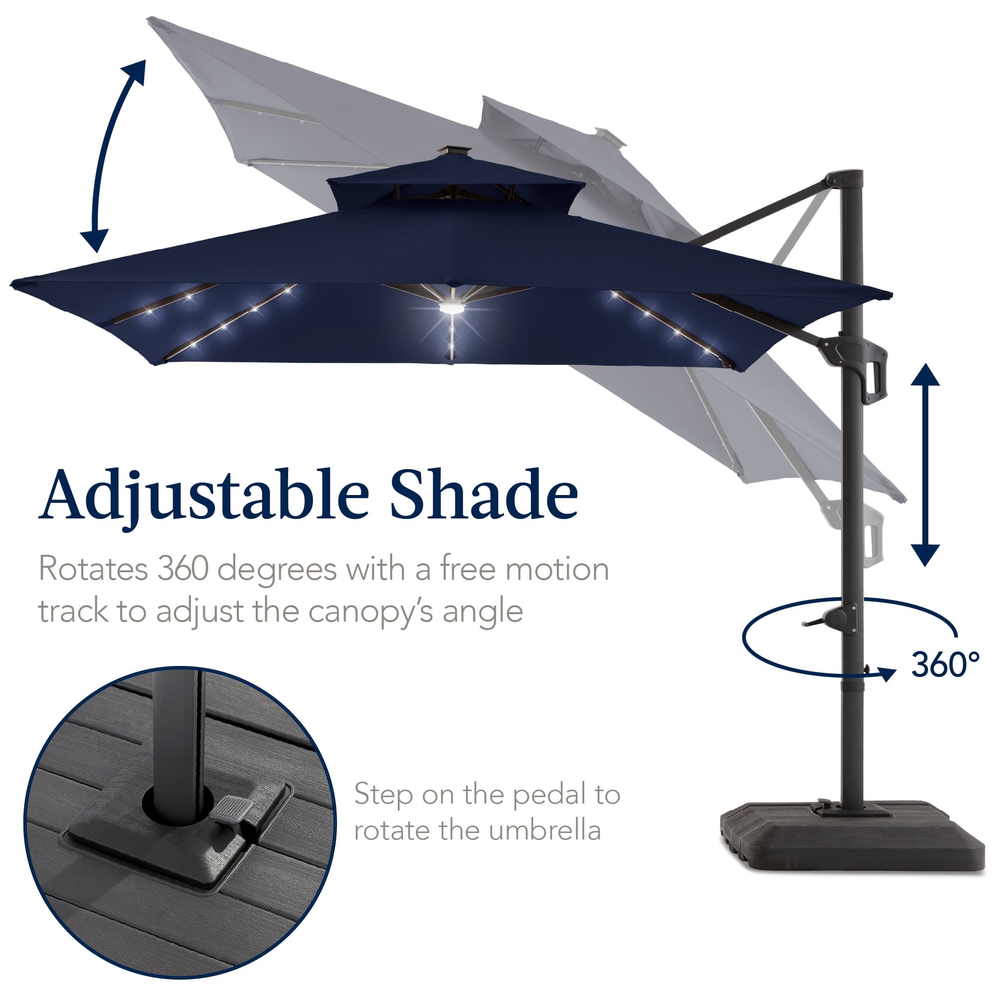 Best Choice Products 12x12ft 2-Tier Square Outdoor Solar LED Cantilever Umbrella w/ 360-Rotating Base   Gray