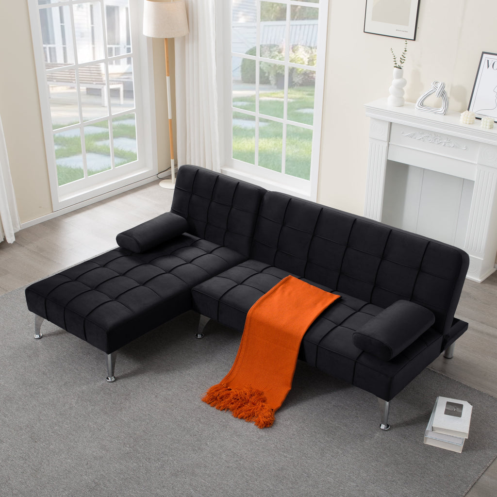 Gewnee 78.35”L-Shaped Velvet Reversible Sectional Sleeper Sofa,Futon Sofa with Adjustable Split Back & Chaise,Couch for Home,Office and Guest Room.Black