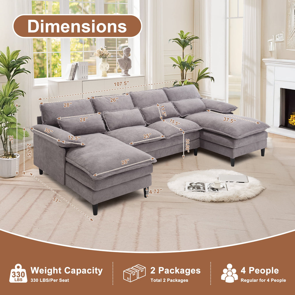 JONPONY109.45 U Shaped Couch,Oversized 4 Seat Sectional with 4 Waist Pillows, Convertible Upholstery Symmetrical Sofá,Sleeper Sofa Couch with Double Chaise Lounge &Memory Foam for Living Room, Beige