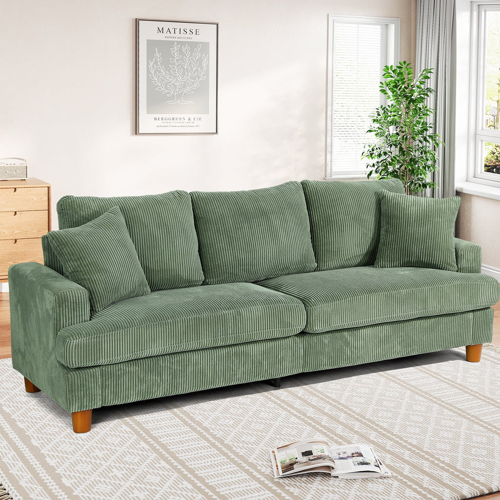 87 Corduroy Sofa,3 Seater Sofa with Extra Deep Seats,Neche Comfy Upholstered Couch for Living Room,2 Pillows,Green