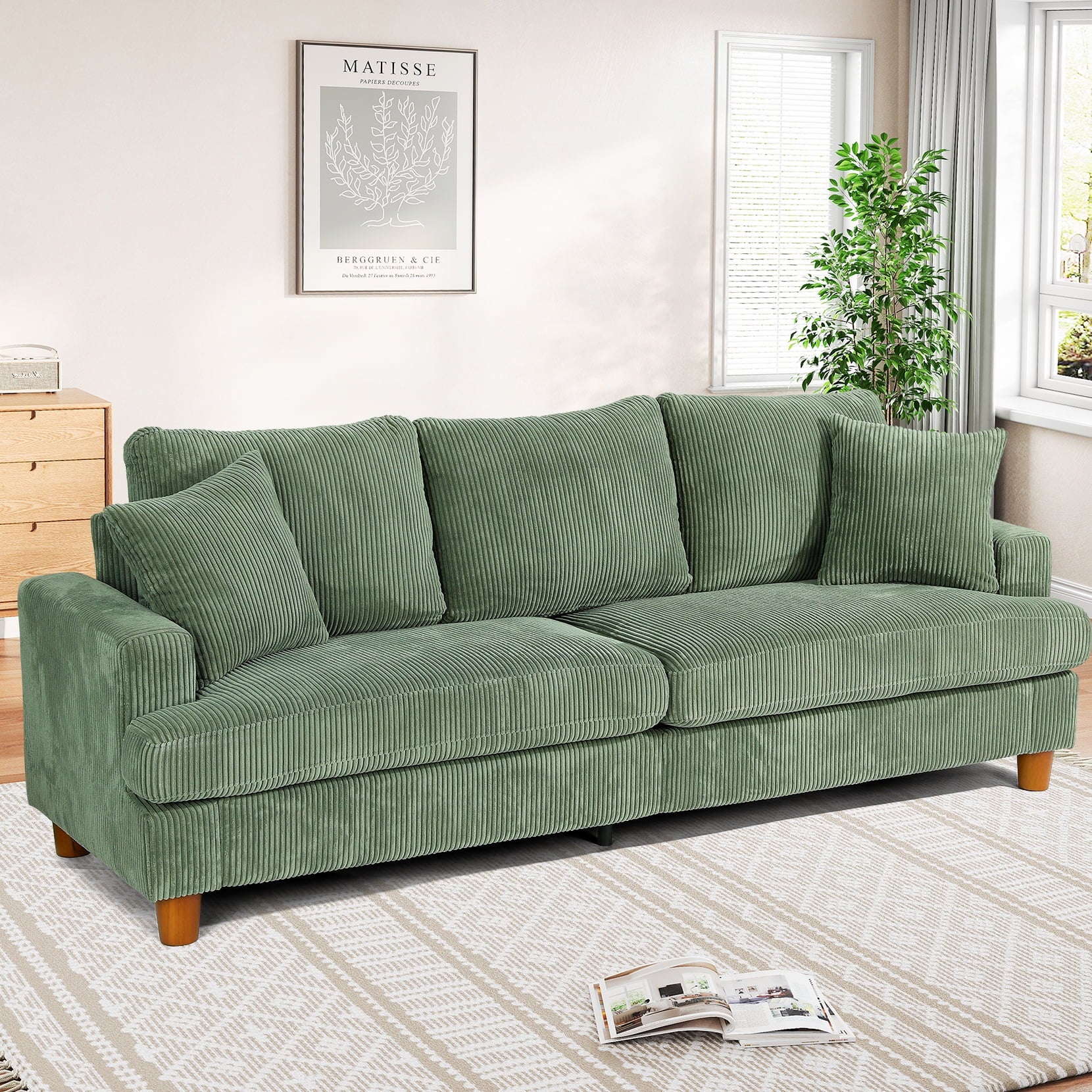 87 Corduroy Sofa,3 Seater Sofa with Extra Deep Seats,Neche Comfy Upholstered Couch for Living Room,2 Pillows,Green