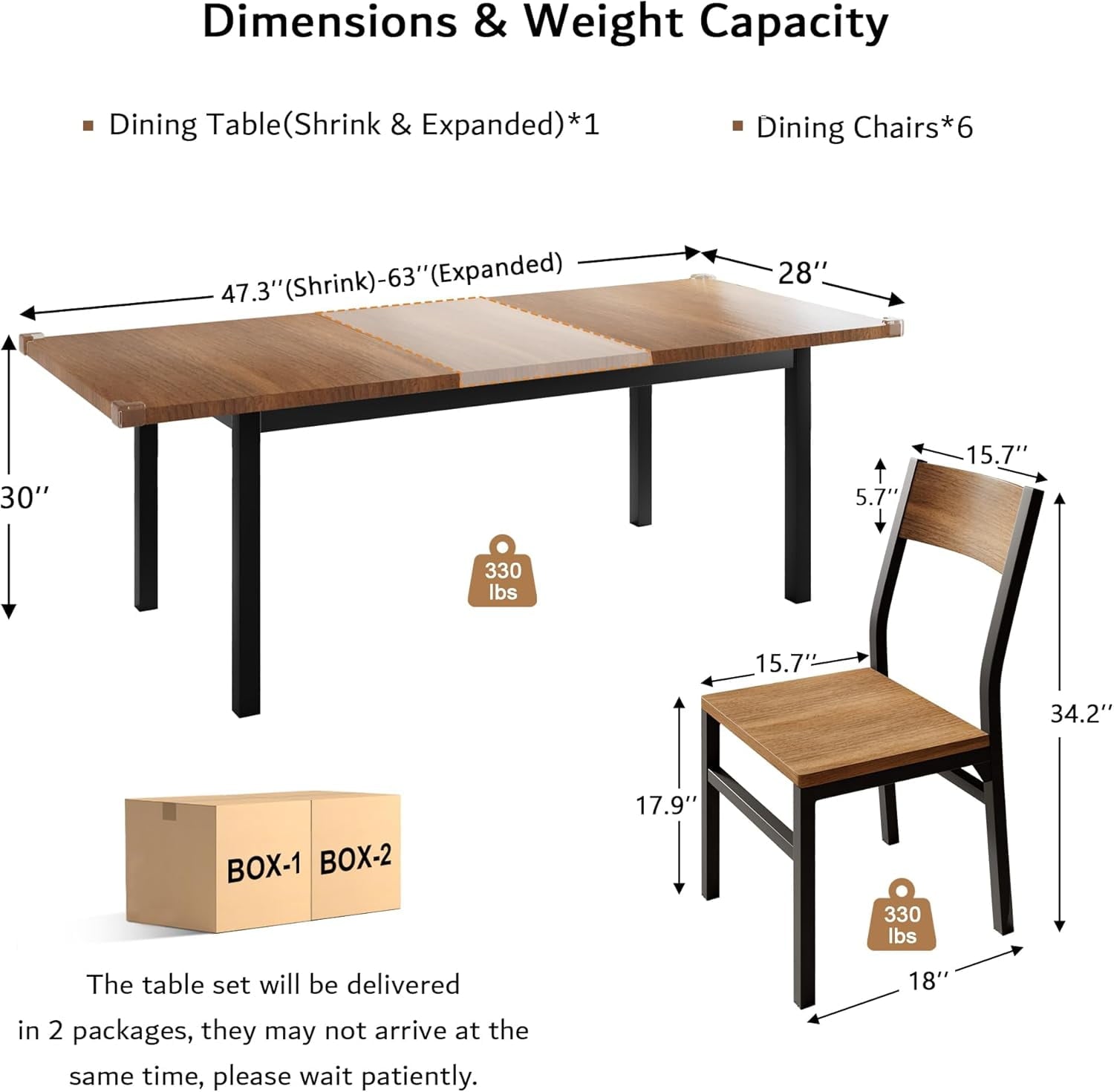 iPormis 63 Extendable Kitchen Table Set for 4-6 People, 7-Piece Large Dining Table Set with 6 Chairs,Mid-Century Dining Room Table,Espresso