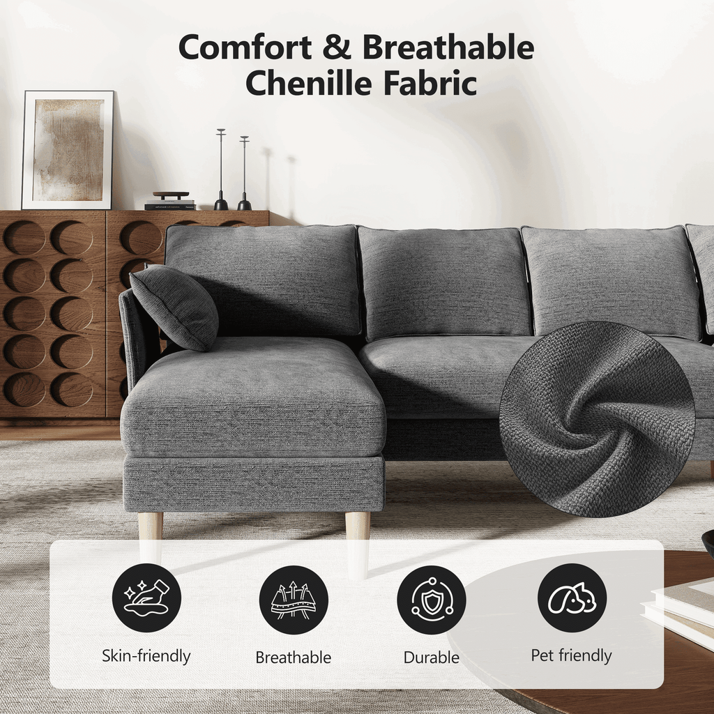 BedLuxury 100 U-Shape Sectional Sofa with Chaise, Chenille Modern Couch with High Legs for Living Room, Apartment, Gray