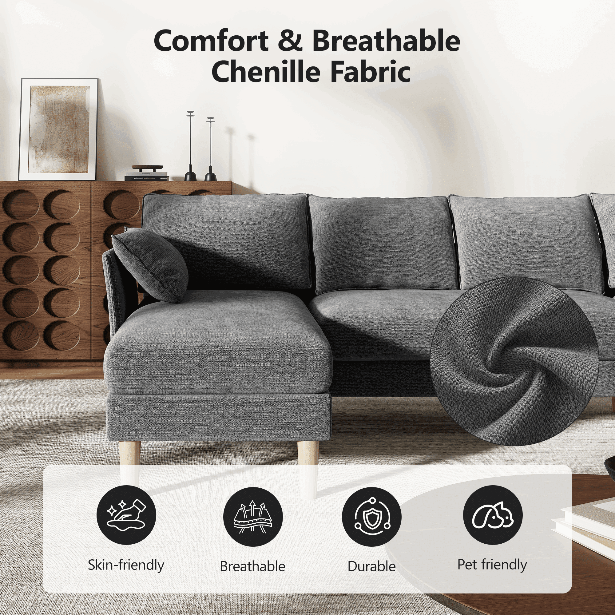 BedLuxury 100 U-Shape Sectional Sofa with Chaise, Chenille Modern Couch with High Legs for Living Room, Apartment, Gray