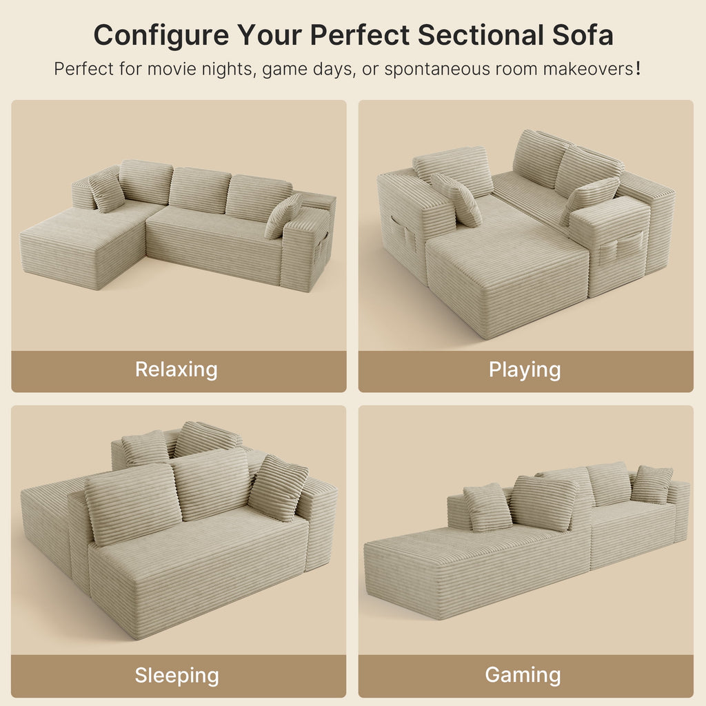 Sofa, Lofka 105 Free Assembly L-Shaped Sectional with Pet Friendly Corduroy Fabric, Black for Living Room/Apartment