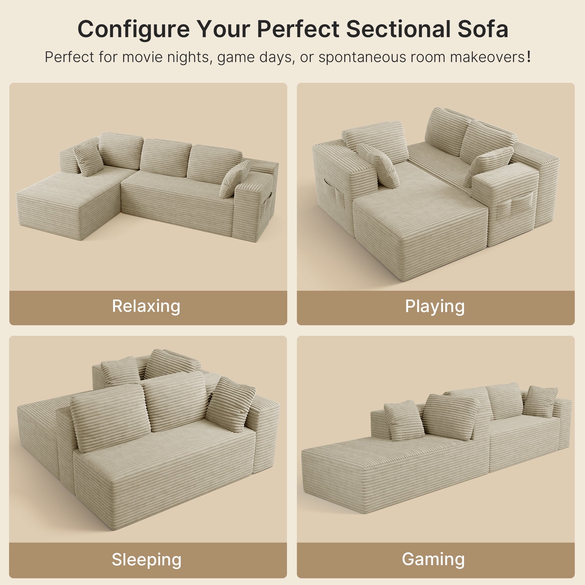 Sofa, Lofka 105 Free Assembly L-Shaped Sectional with Pet Friendly Corduroy Fabric, Black for Living Room/Apartment