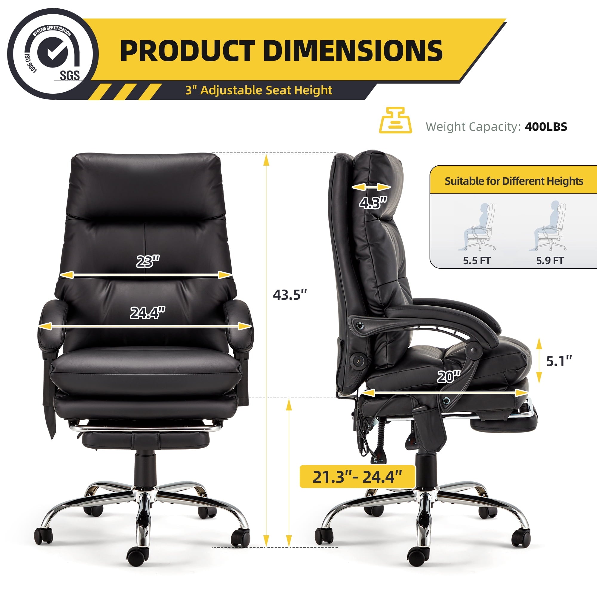 HOMREST Ergonomic Office Chair with 6-Point Massage & Heating, Adjustable Executive Desk Chair with Retractable Footrest, PU Leather Home Office Desk Chair for Home & Office (Black)