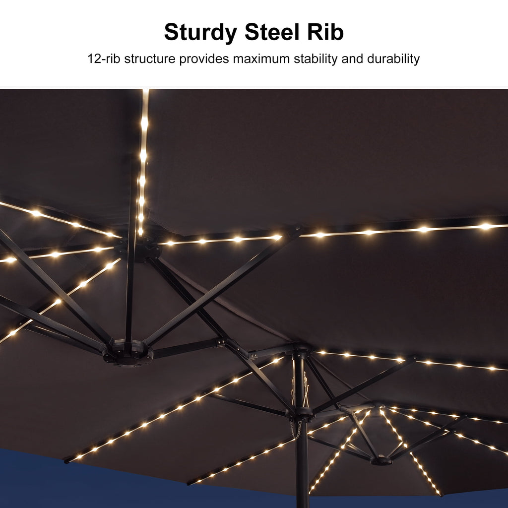 PURPLE LEAF 13ft Market Patio Umbrella with Solar LED and Base Double-Sided Sun Umbrellas for Pool Beach Deck Backyard Taupe