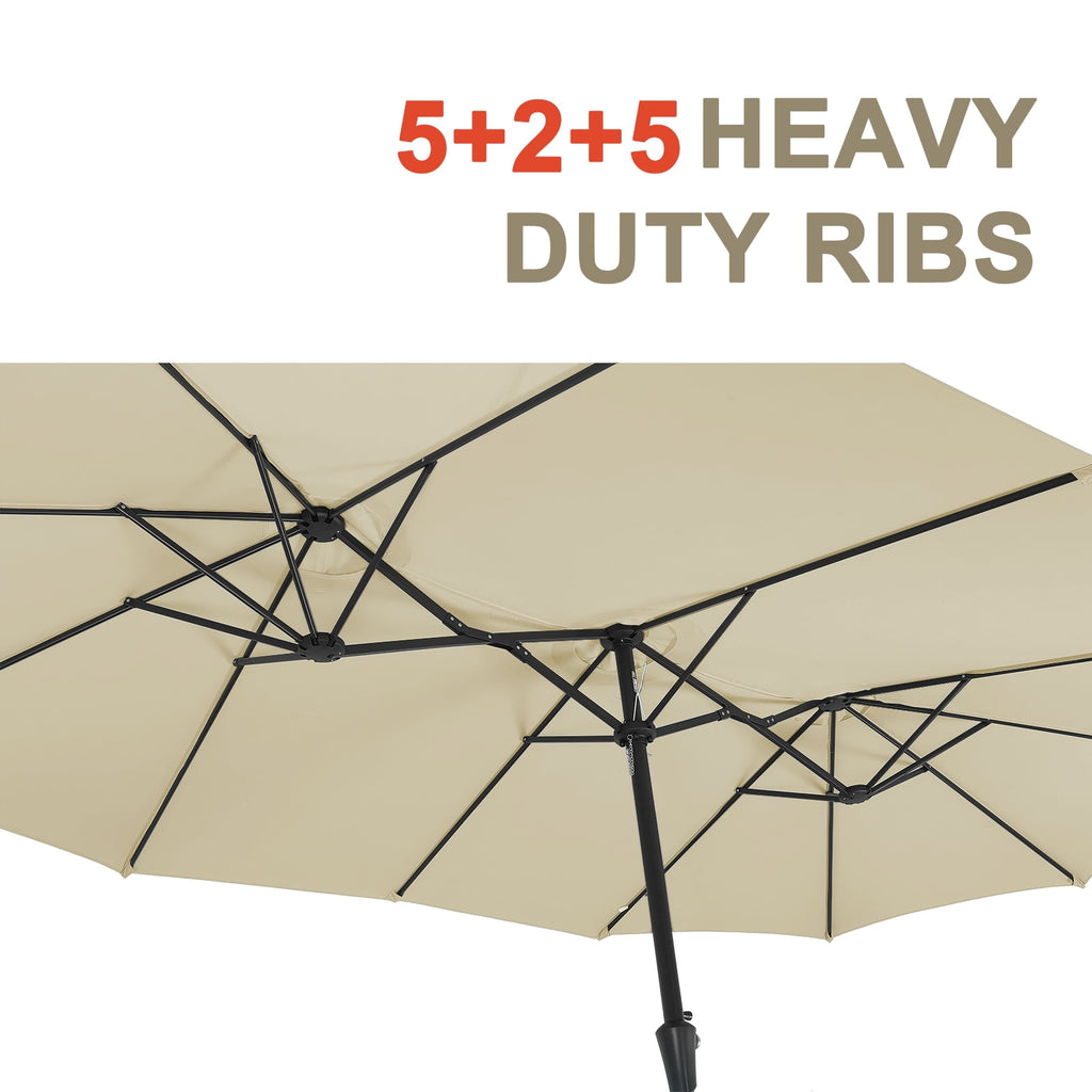 Ainfox 15ft Large Patio Umbrella with Solar Lights, Double-Sided Outdoor Rectangle Table Umbrellas with Sand Bag Base，Beige