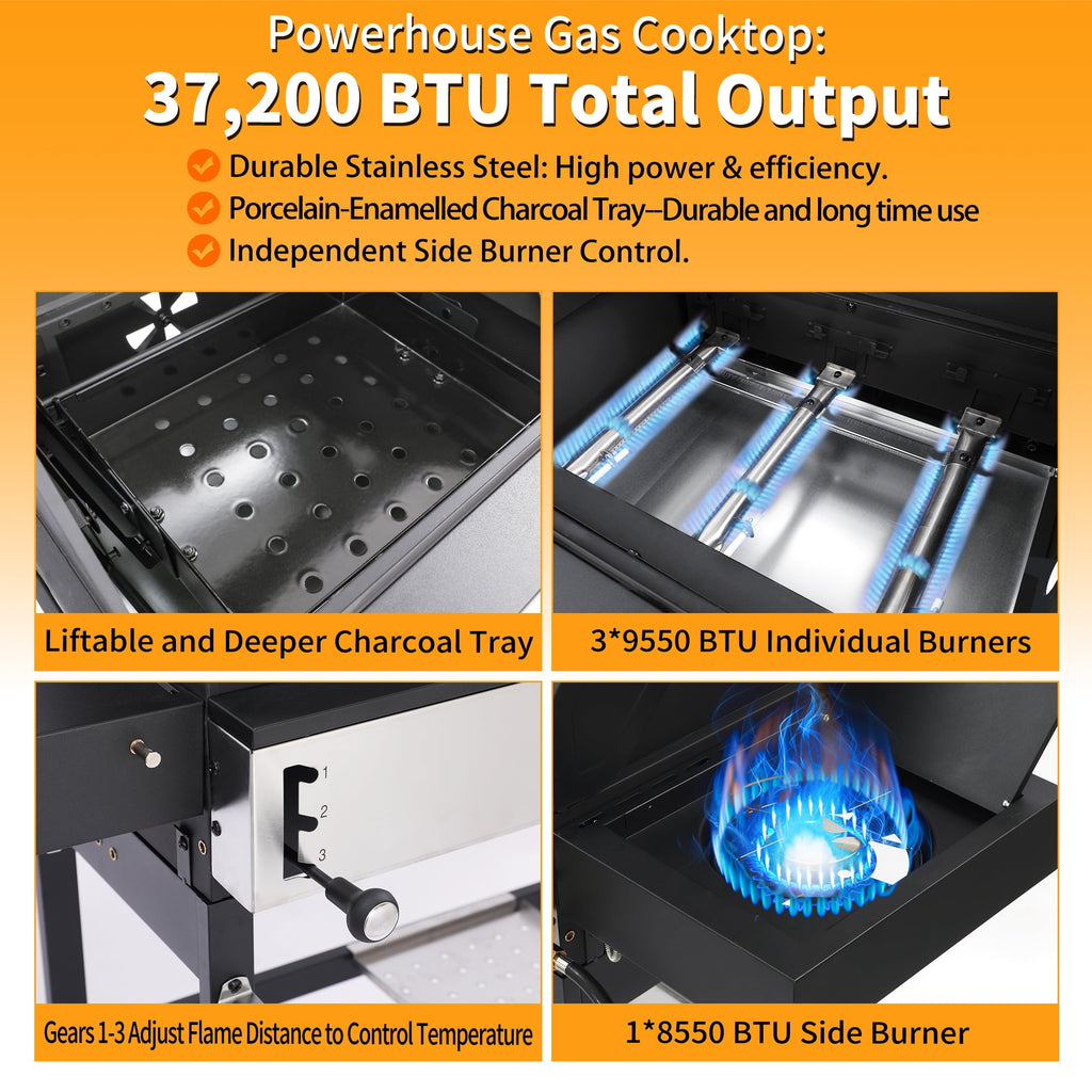 3 Burner Gas & Charcoal Combo Grill with Side Burner, Outdoor BBQ Propane Grill, 673 Sq. In. Cast Iron Grates & Reversible Griddle, 37200 BTU Stainless Steel Lid for Backyard Cooking