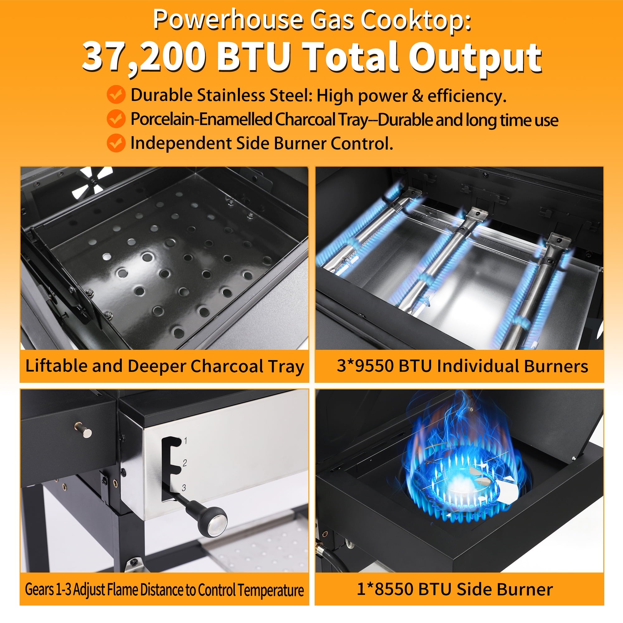 3 Burner Gas & Charcoal Combo Grill with Side Burner, Outdoor BBQ Propane Grill, 673 Sq. In. Cast Iron Grates & Reversible Griddle, 37200 BTU Stainless Steel Lid for Backyard Cooking