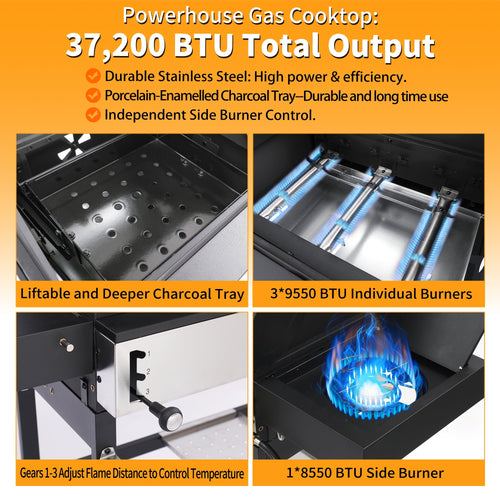 3 Burner Gas & Charcoal Combo Grill with Side Burner, Outdoor BBQ Propane Grill, 673 Sq. In. Cast Iron Grates & Reversible Griddle, 37200 BTU Stainless Steel Lid for Backyard Cooking