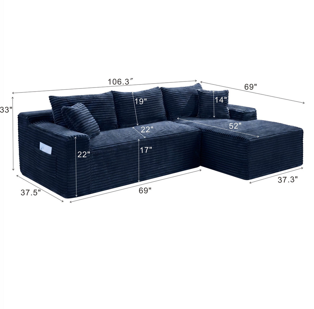 LLappuil 108 Sectional Sofa, Modular Sectional Couch with Left Chaise, Deep Seat Corduroy Cloud Sofa for Living Room Black