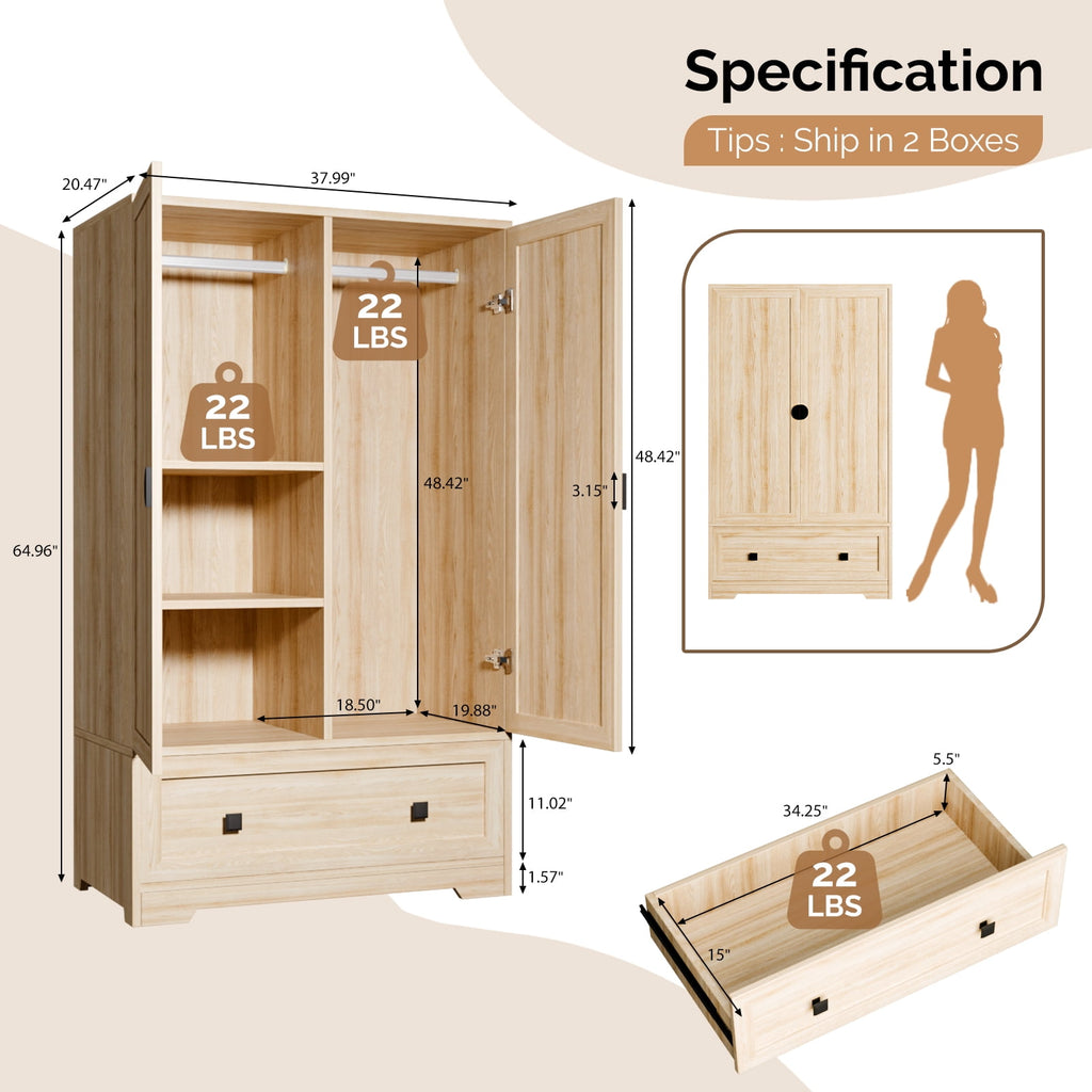 Ktaxon Wardrobe Armoire Closet with Hanging Rod, Modern Drawer & Shelf – Elegant White Finish Closet, Farmhouse to Mid-Century Style