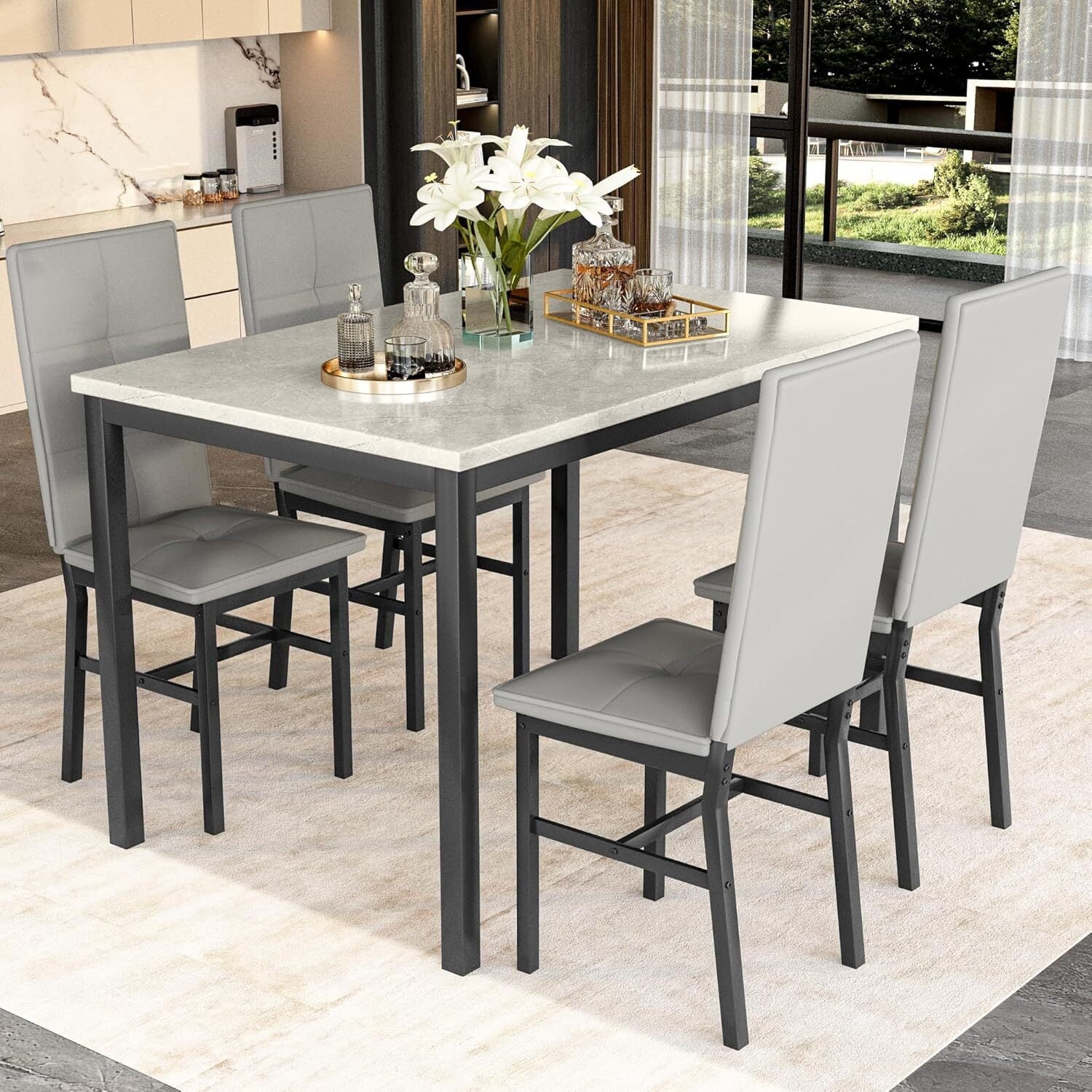 MOOSENG Dining Table Set for 4, Faux Marble Kitchen Table and Chairs Set of 4, 5-Piece Dining Room Set with PU Leather Upholstered Chairs for Small Space, Gray