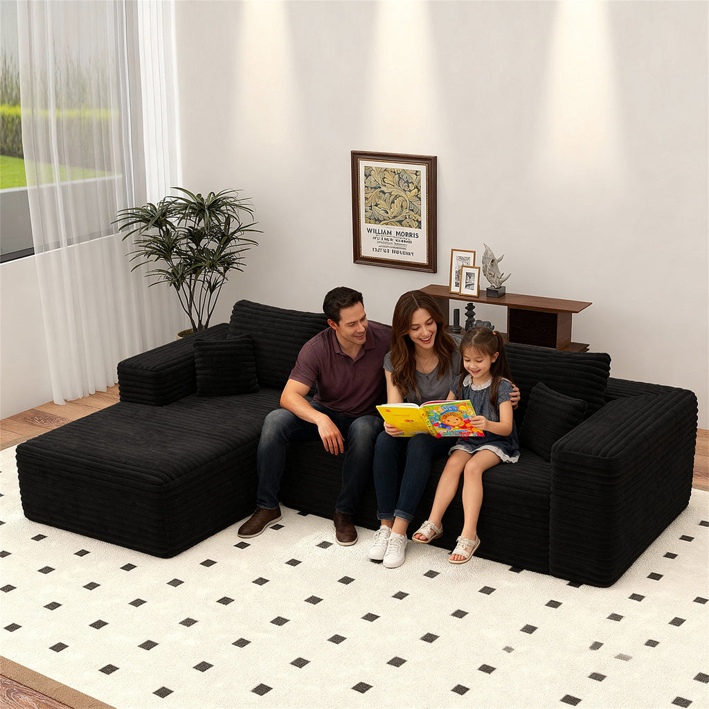 Aukfa 95 Cloud Sectional Sofa Deep Seat Boneless Couch Modular L-Shaped Couch, Left Chaise Corduroy Sofa for Living Room, Black