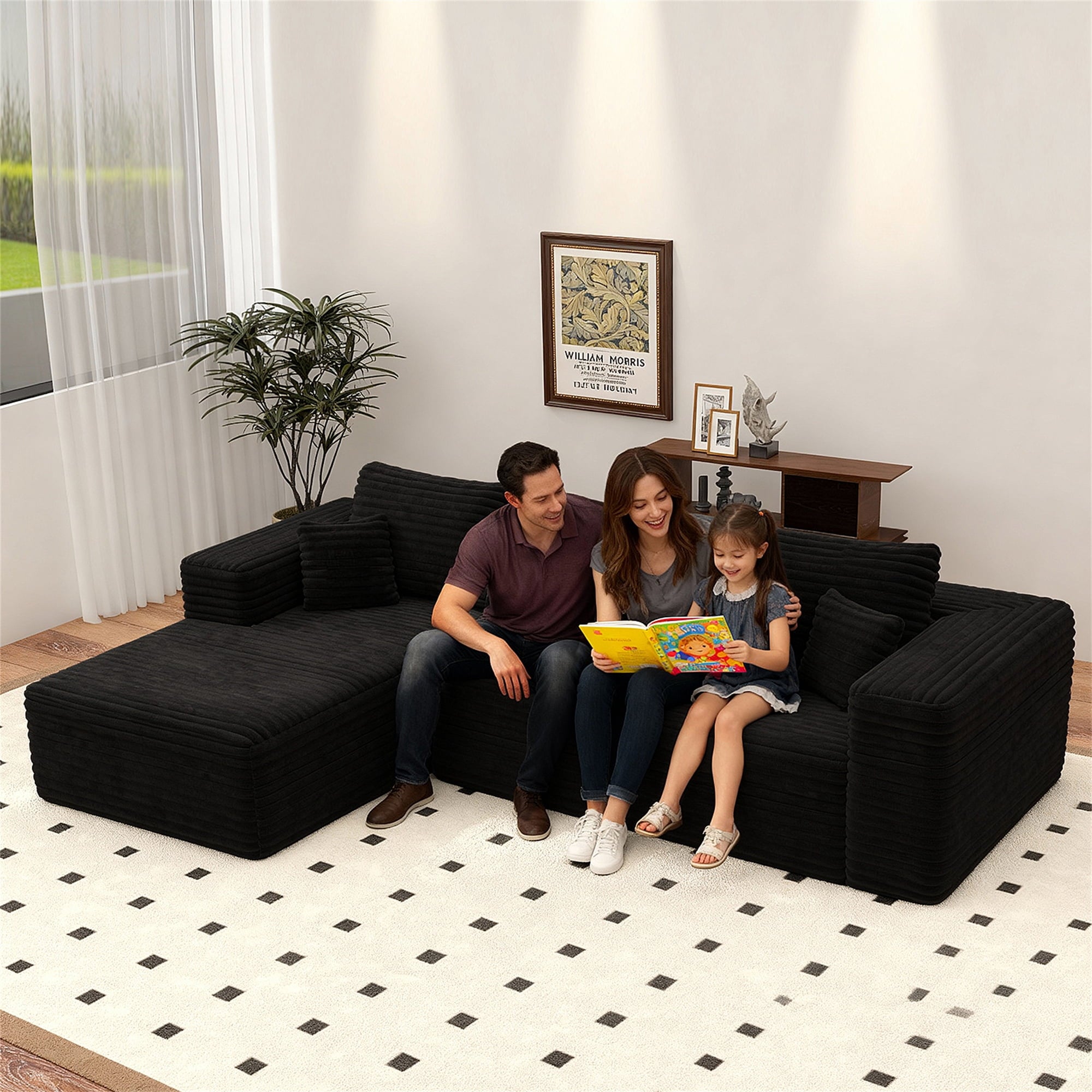 Aukfa 95 Cloud Sectional Sofa Deep Seat Boneless Couch Modular L-Shaped Couch, Left Chaise Corduroy Sofa for Living Room, Black