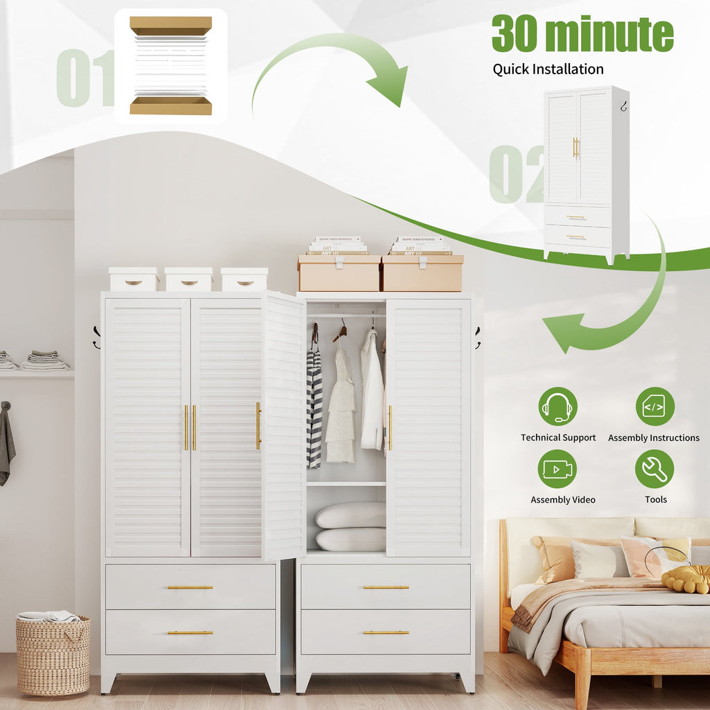 AISWORD 60 Tall Metal Wardrobe Cabinet with 1 Drawer and Hanging Rod, 2 Doors Closet with Adjustable Shelf, White