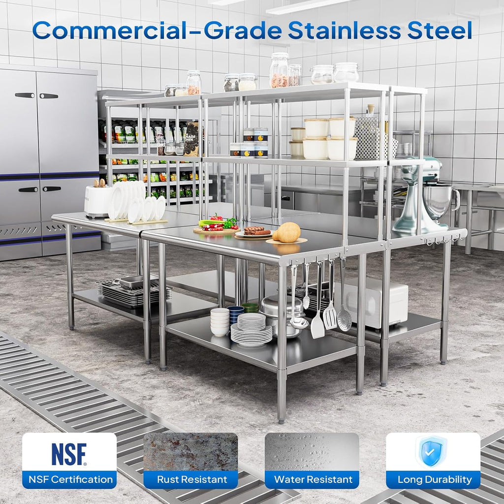 Ktaxon 72 x 30 Stainless Steel Workbench with Overshelves, NSF Commercial Heavy Duty Work Table with Adjustable Undershelf & Detachable Hooks