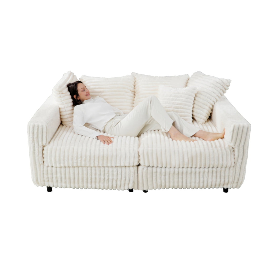 Gewnee 86.6 Modern Sofa Couch,Teddy Velvet 3 Seaters Comfy Couch with Deep Seat for Living Room,2 Pillows,Beige