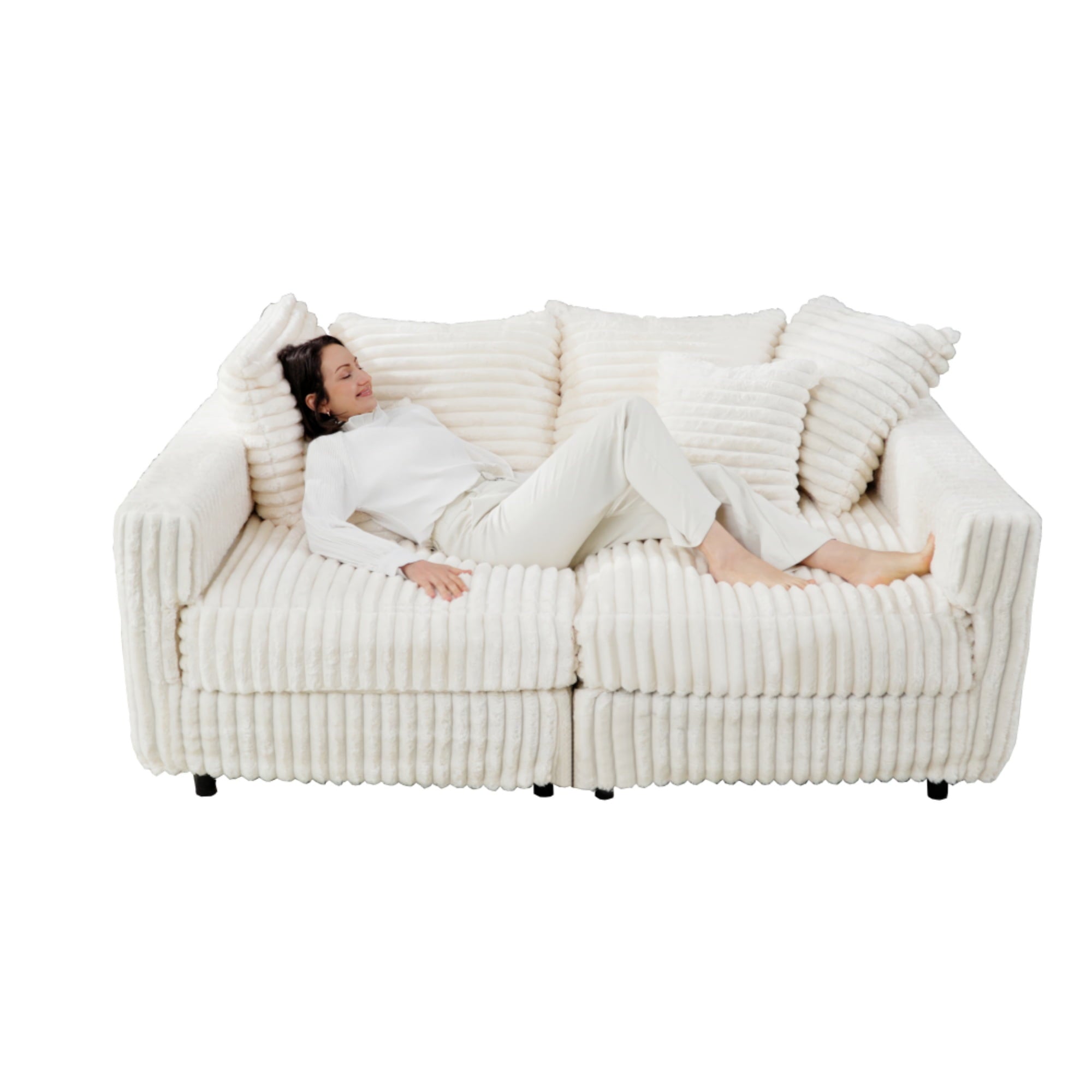 Gewnee 86.6 Modern Sofa Couch,Teddy Velvet 3 Seaters Comfy Couch with Deep Seat for Living Room,2 Pillows,Beige