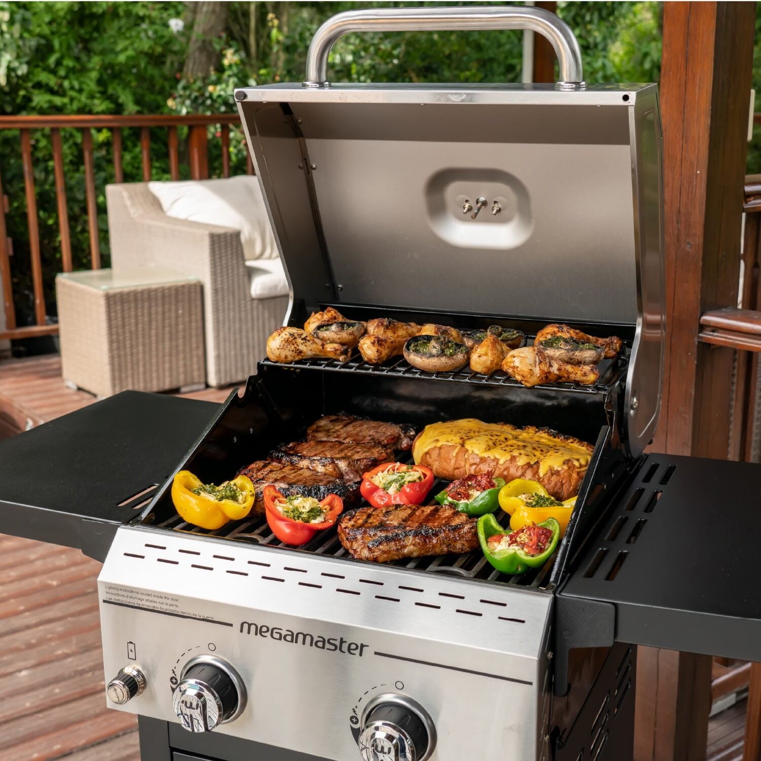 Megamaster Deluxe 2-Burner Gas Grill with Foldable Side Tables, 418 SQ In Cooking Space, 28000 BTUs, Stainless Steel Lid, Propane BBQ Grill for Outdoor Cooking, Patios, Backyards and More -720-0864MA