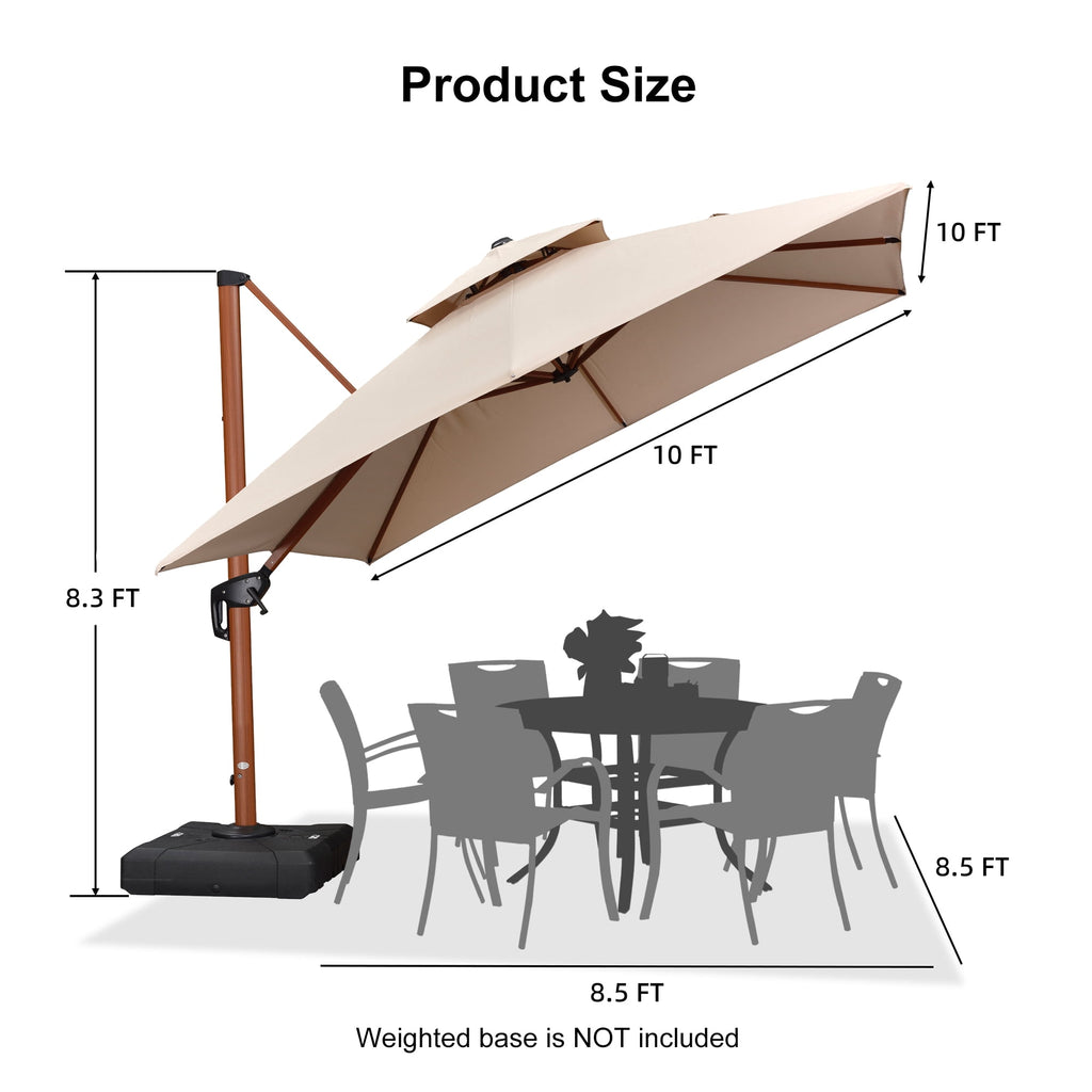 PURPLE LEAF 10FT Deluxe Square Wood Grain Patio Umbrella, Large Offset Cantilever Umbrella with 360° Rotation, Beige