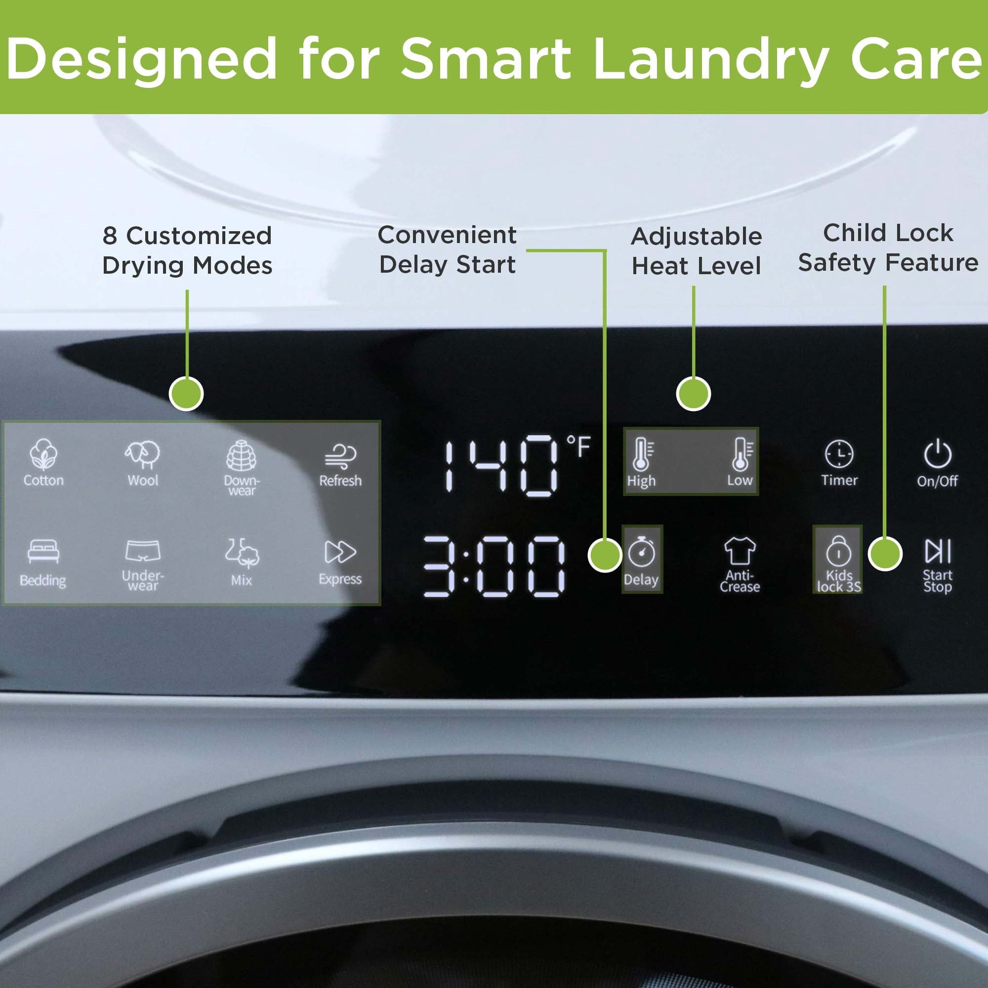 Hamilton Beach 13 lbs. Compact Tumble Dryer with Touchscreen Controls, 8 Drying Modes, Delay Start, Adjustable Heat Levels, Child Lock, Air-Vented Port, White