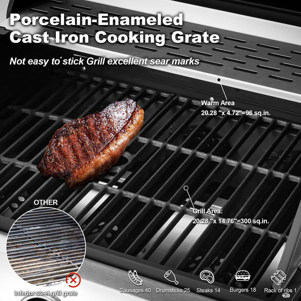 MELLCOM Upgraded 36,000 BTU Stainless Steel Burner Barbecue Grill, 3 Burner BBQ Propane Gas Grill with Cast Iron Grates & Side Stove for Patio, Camping, Outdoor Cooking
