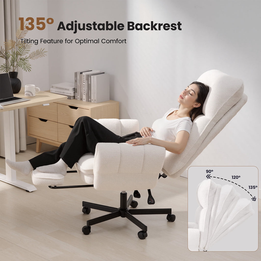 Patbrela Big and Tall Office Chair, Teddy Plush Swivel Desk Chair Ergonomic Computer Chairs with Adjustable Armrests, Beige
