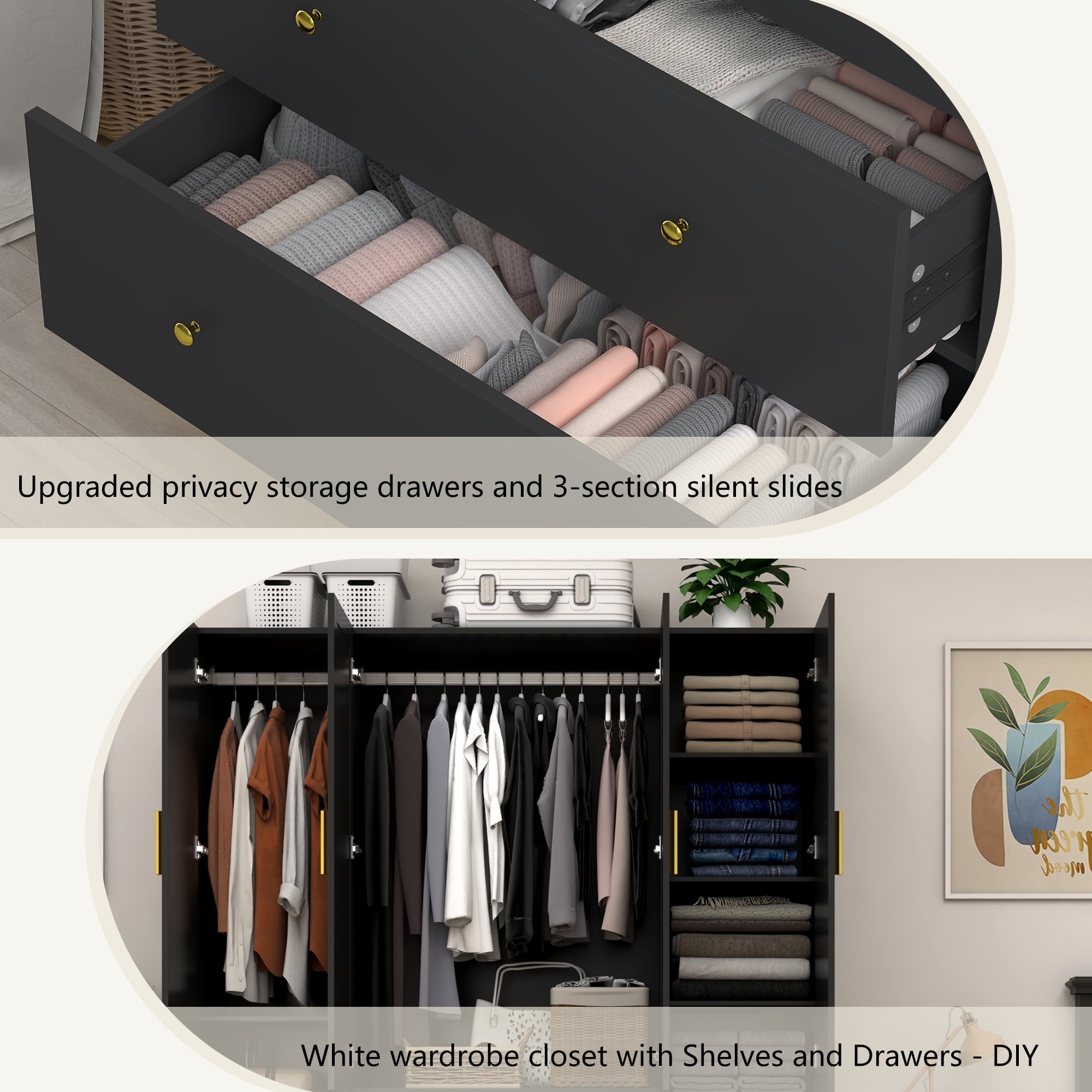 Blotout 70 Armoire Wardrobe Closet with Mirror, LED Wardrobe Armoire with 2 Drawers, 3 Door Wood Armoire Storage with Hanging Rods and Multi-Layer Shelves