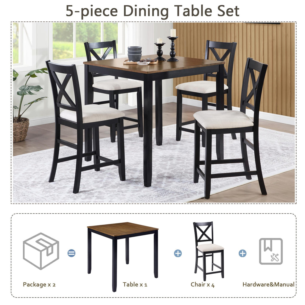 SESSLIFE Dining Table Set for 4, Counter Height Kitchen Table Set with Square Table and 4 Upholstered Chairs, Solid Wood Dining Room Set for 4, Space-Saving, Black & Oak