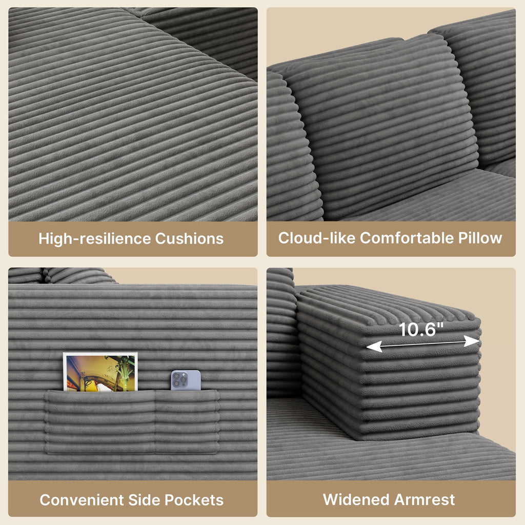 Sofa, Lofka 105 Free Assembly L-Shaped Sectional with Pet Friendly Corduroy Fabric, Black for Living Room/Apartment