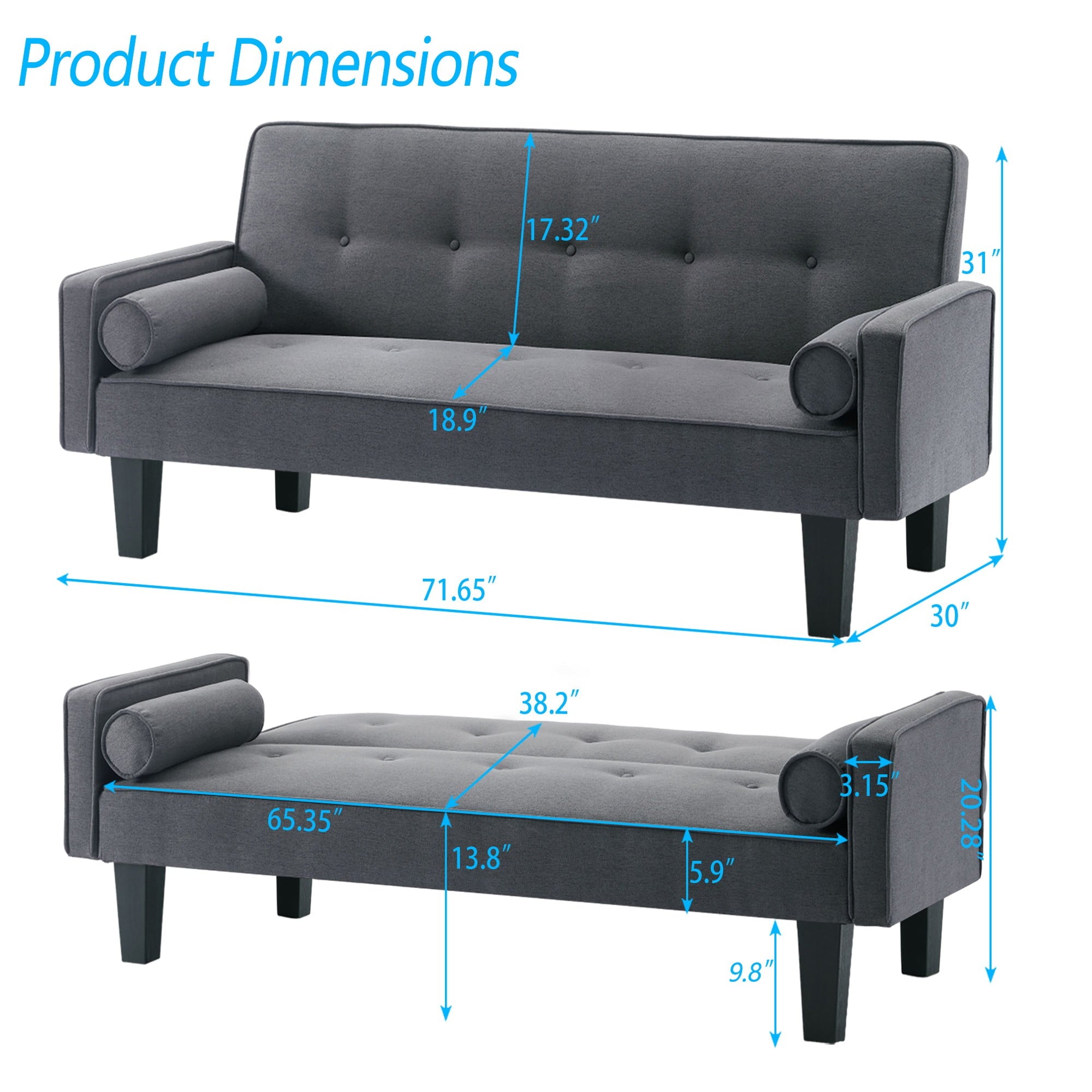 Bianlte 72 Futon Sofa Bed,Upholstered Folding Futon Sofa Couch,Modern Sofa Twin Size Futon Bed with Removable Armrests for Compact Living Space,Apartment,Gray03