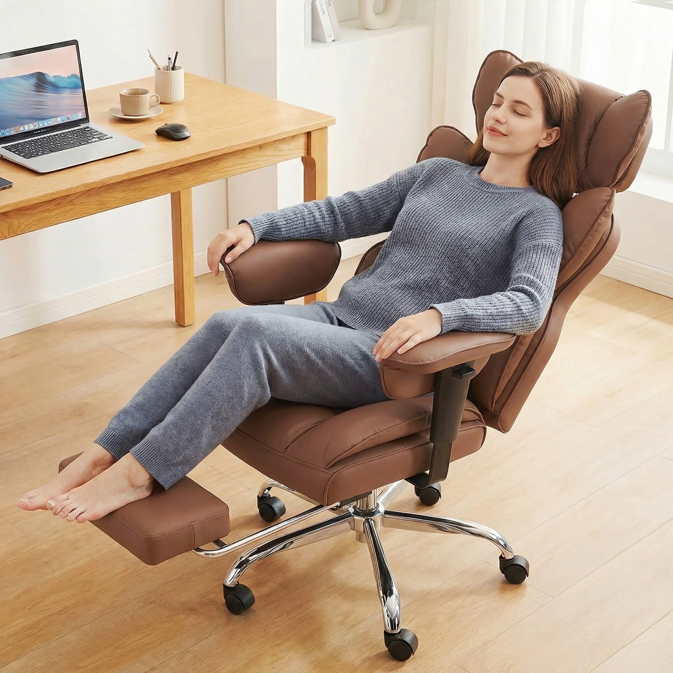 edx Executive Home Office Desk Chair, Ergonomic Big Tall High Back with Footrest & Lumbar Support, Reclining Comfy PU Leather Computer Gaming Chair with Swivel Wheels, Height Adjustable, Black