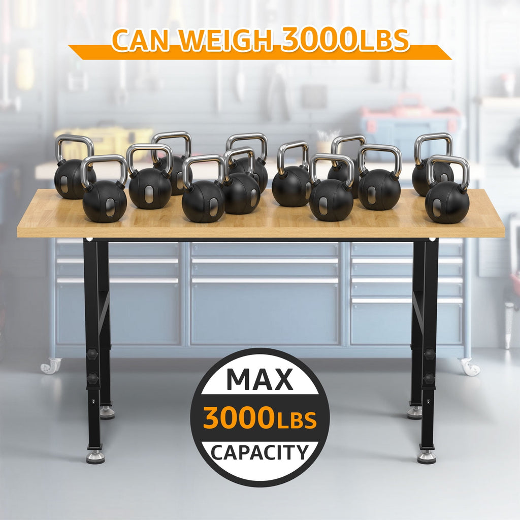 60 Adjustable Workbench,Heavy-Duty Work Table,3000 LBS Load Capacity Hardwood Workstation Outlets with Power strips and Wheels,for Workshop, Garage