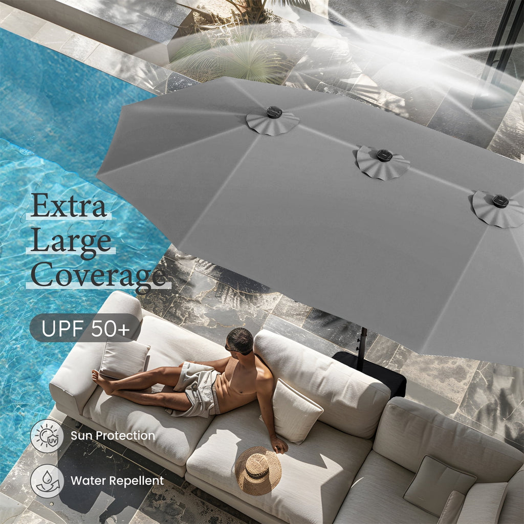 SUMMIT LIVING 15ft Double-Sided Solar Patio Umbrella with Base (Included) Large Outdoor Umbrella with Solar Lights - Beige