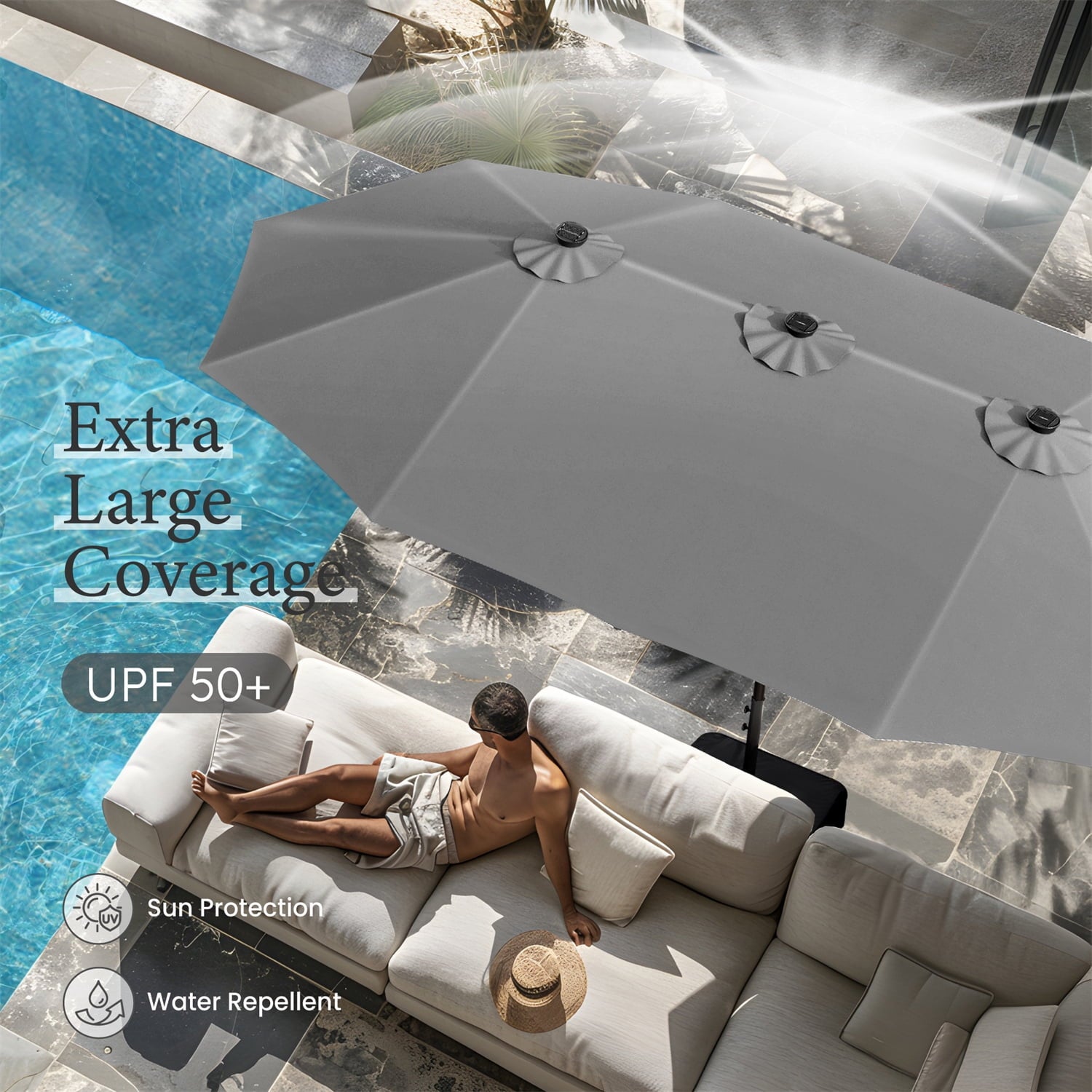 SUMMIT LIVING 15ft Double-Sided Solar Patio Umbrella with Base (Included) Large Outdoor Umbrella with Solar Lights - Beige