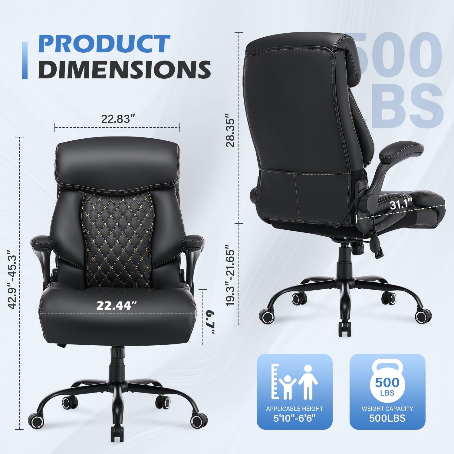 JONPONY Leather Office Chair, Big and Tall 500lbs Ergonomic Desk Chairs with Back Support, Executive Leather Chair with Wheels for Home Office, with Adjustable Padded Armrest & Lumbar Support , Black